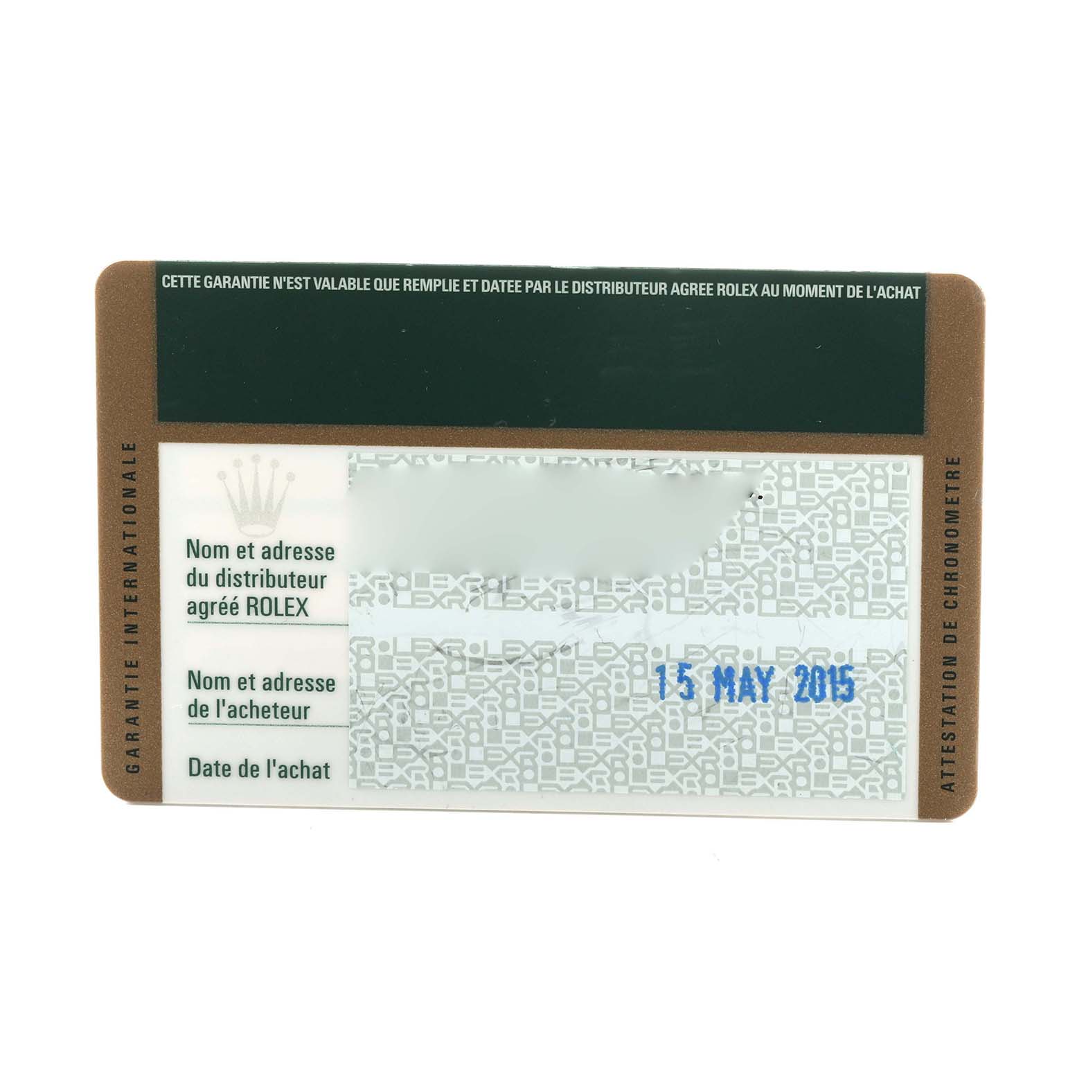 The image shows a warranty card for a Rolex Explorer 214270 Men
s Stainless Steel Black Dial watch, displaying purchase details.