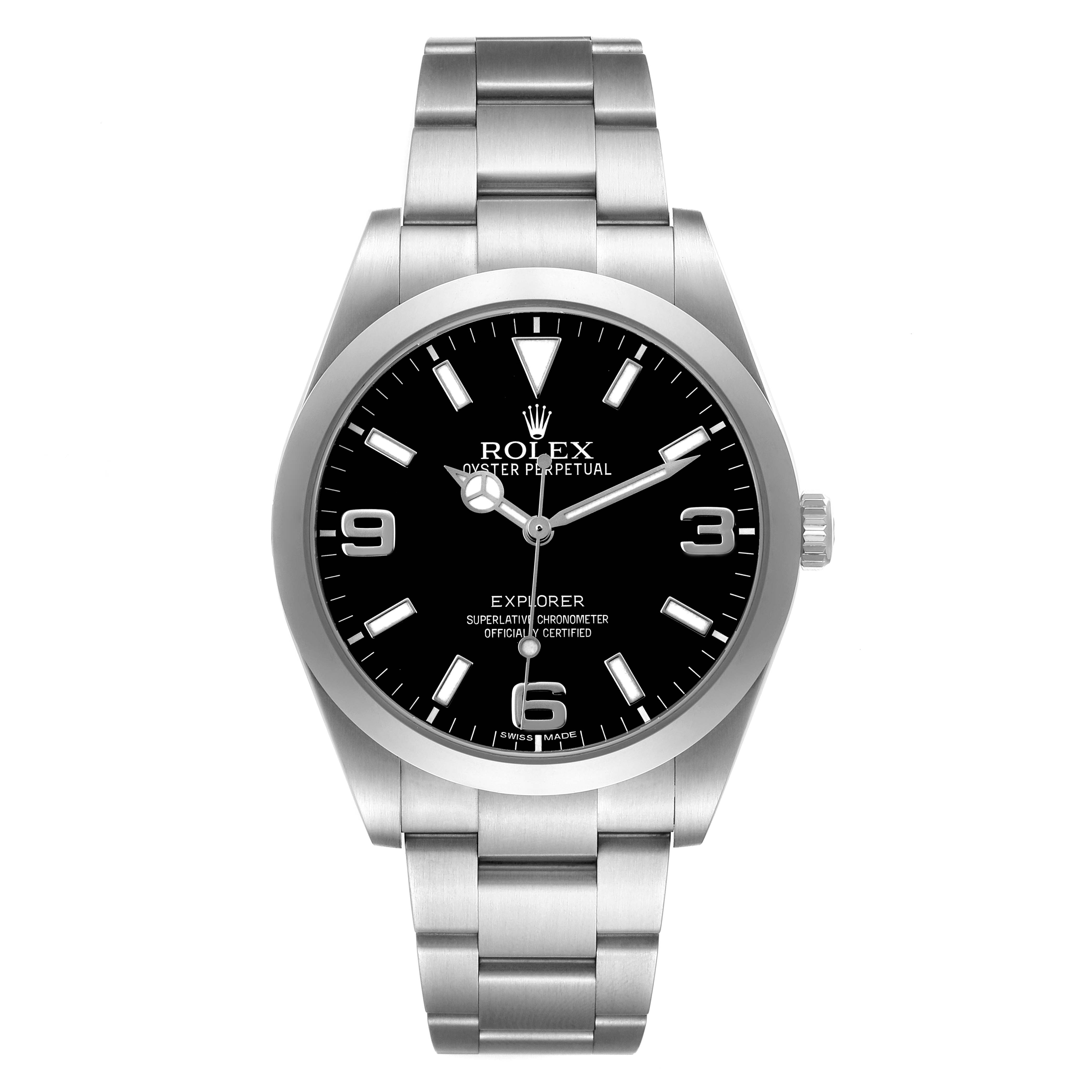 The Rolex Explorer 214270 Men
s Stainless Steel Black Dial watch is shown from a front angle, displaying the face, bezel, and bracelet.