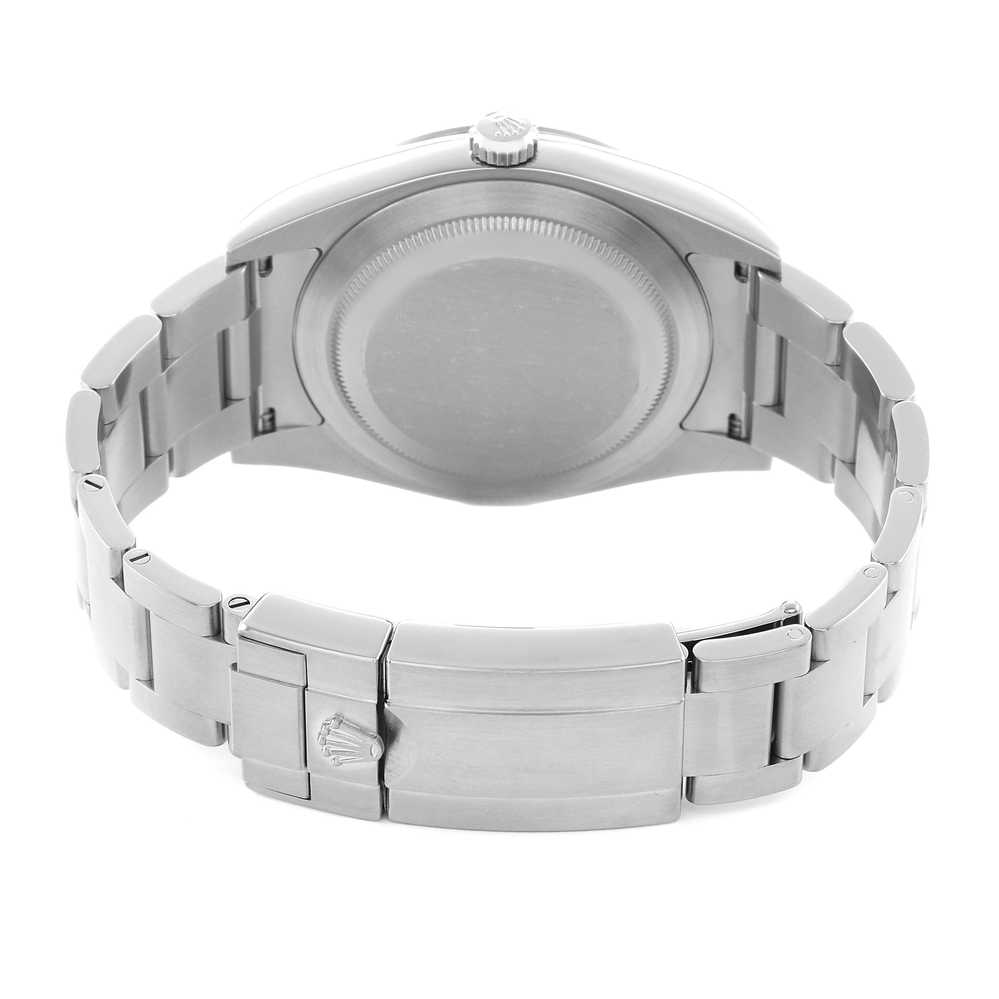 The image shows a rear view of the Rolex Explorer 214270 Men
s Stainless Steel Black Dial model, focusing on the case back and bracelet clasp.