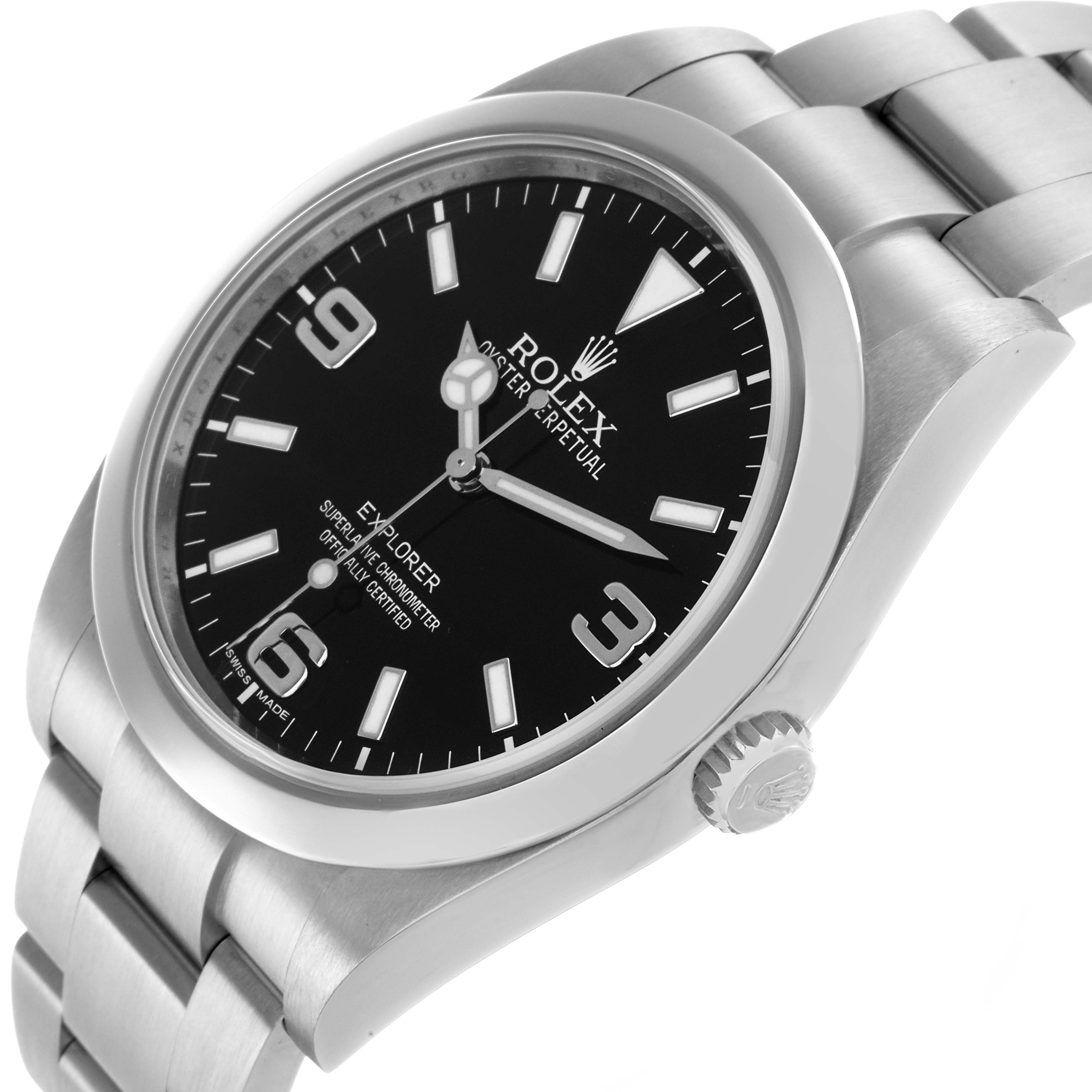 The Rolex Explorer 214270 Men
s Stainless Steel Black Dial watch is shown at an angled side view, highlighting the face, bezel, crown, and bracelet.