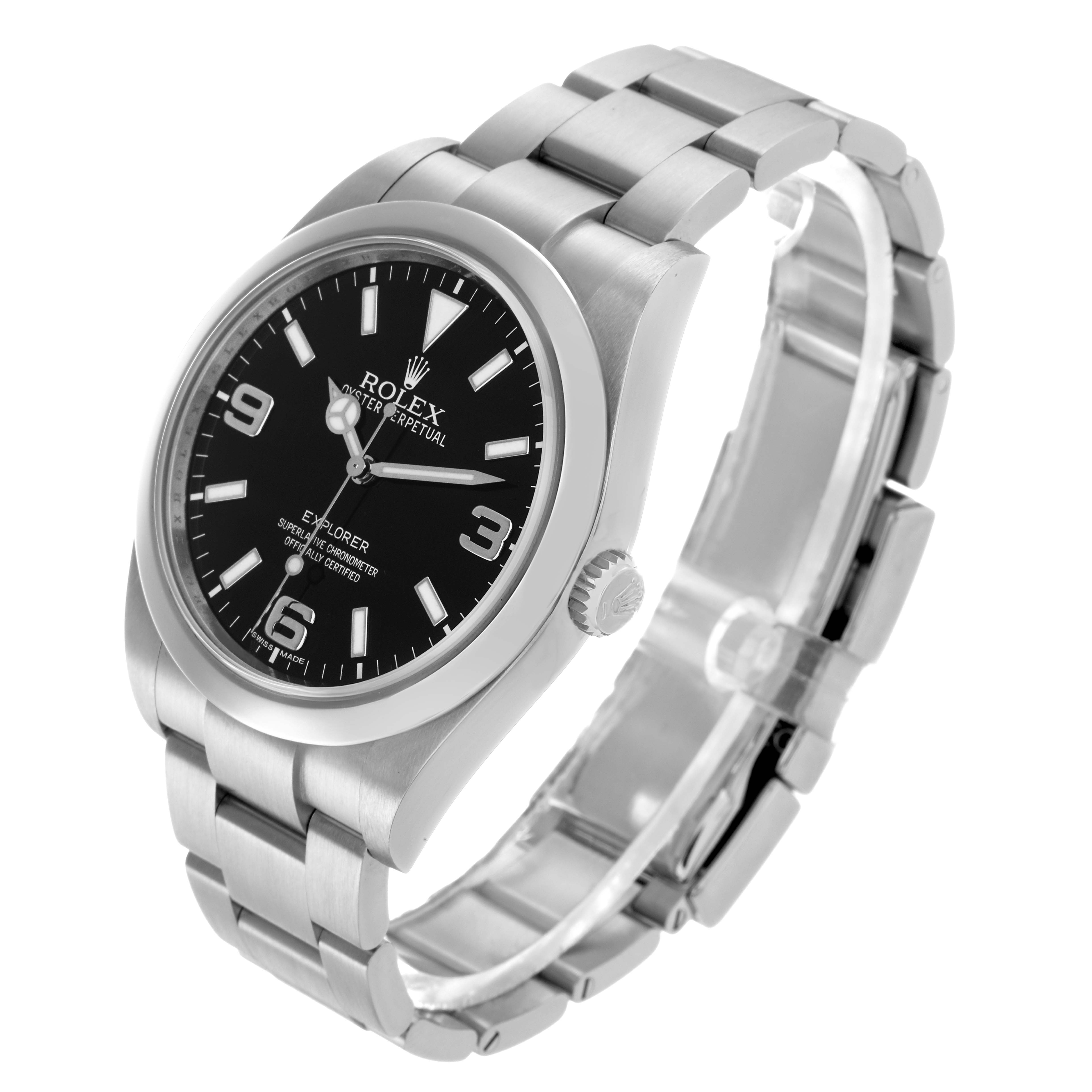 The Rolex Explorer 214270 Men
s Stainless Steel Black Dial watch is shown at a three-quarter angle, highlighting the dial, bezel, crown, and bracelet.