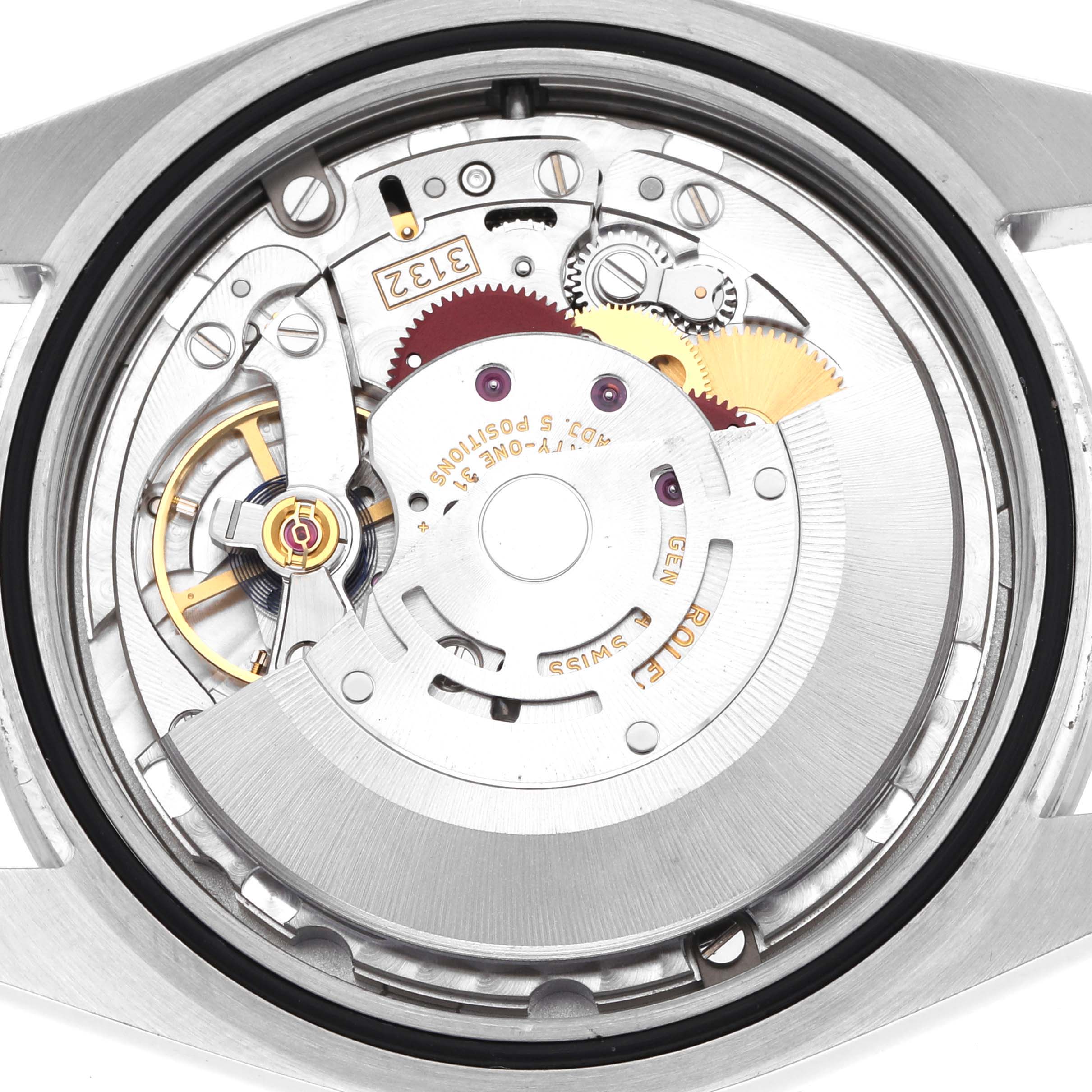 The image shows the movement from the back of a Rolex Explorer 214270 Men
s Stainless Steel Black Dial, highlighting gears and the rotor.