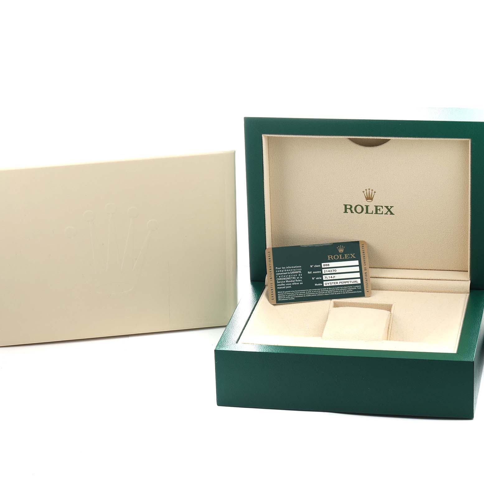 The image shows the packaging and warranty card for a Rolex Explorer 214270 Men
s Stainless Steel Black Dial watch, including the box and outer sleeve.