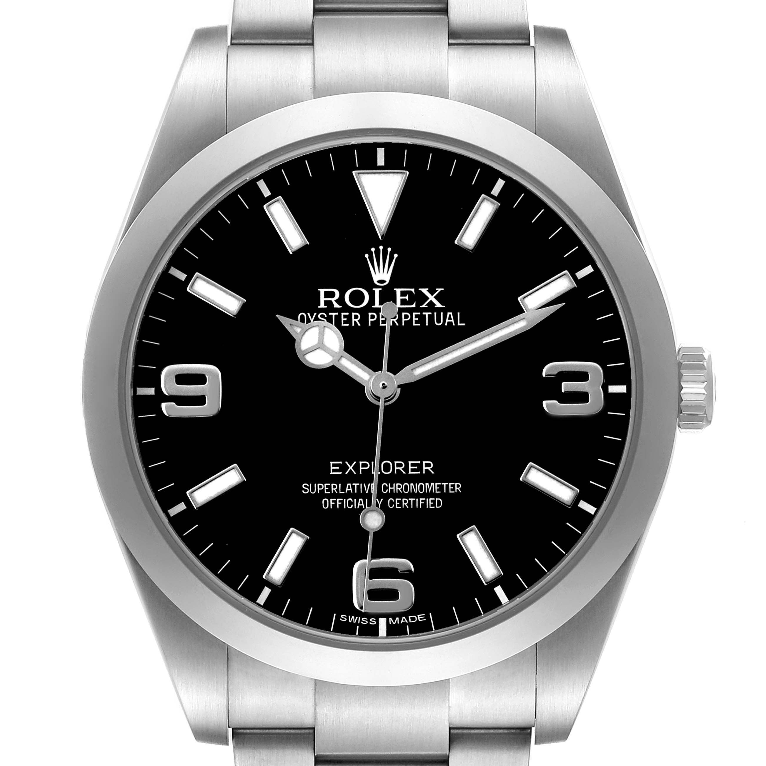 The image shows a front view of a Rolex Explorer 214270 Men
s Stainless Steel Black Dial watch, highlighting the dial, hands, and part of the bracelet.