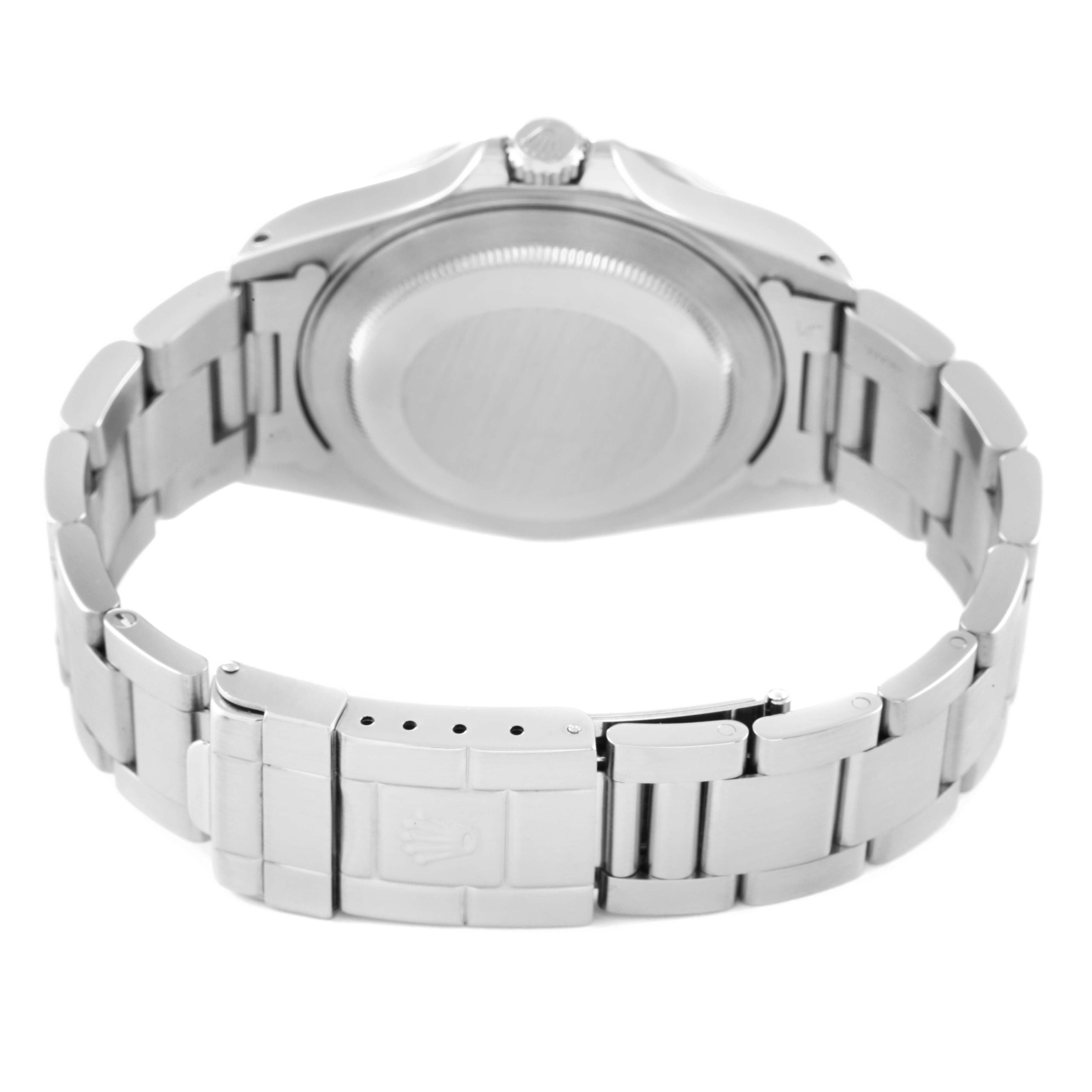 The image shows the case back and stainless steel bracelet of a Rolex Explorer 16570 Men
s Stainless Steel Black Dial 16570 Men
s Stainless Steel Black Dial watch, viewed from the back.