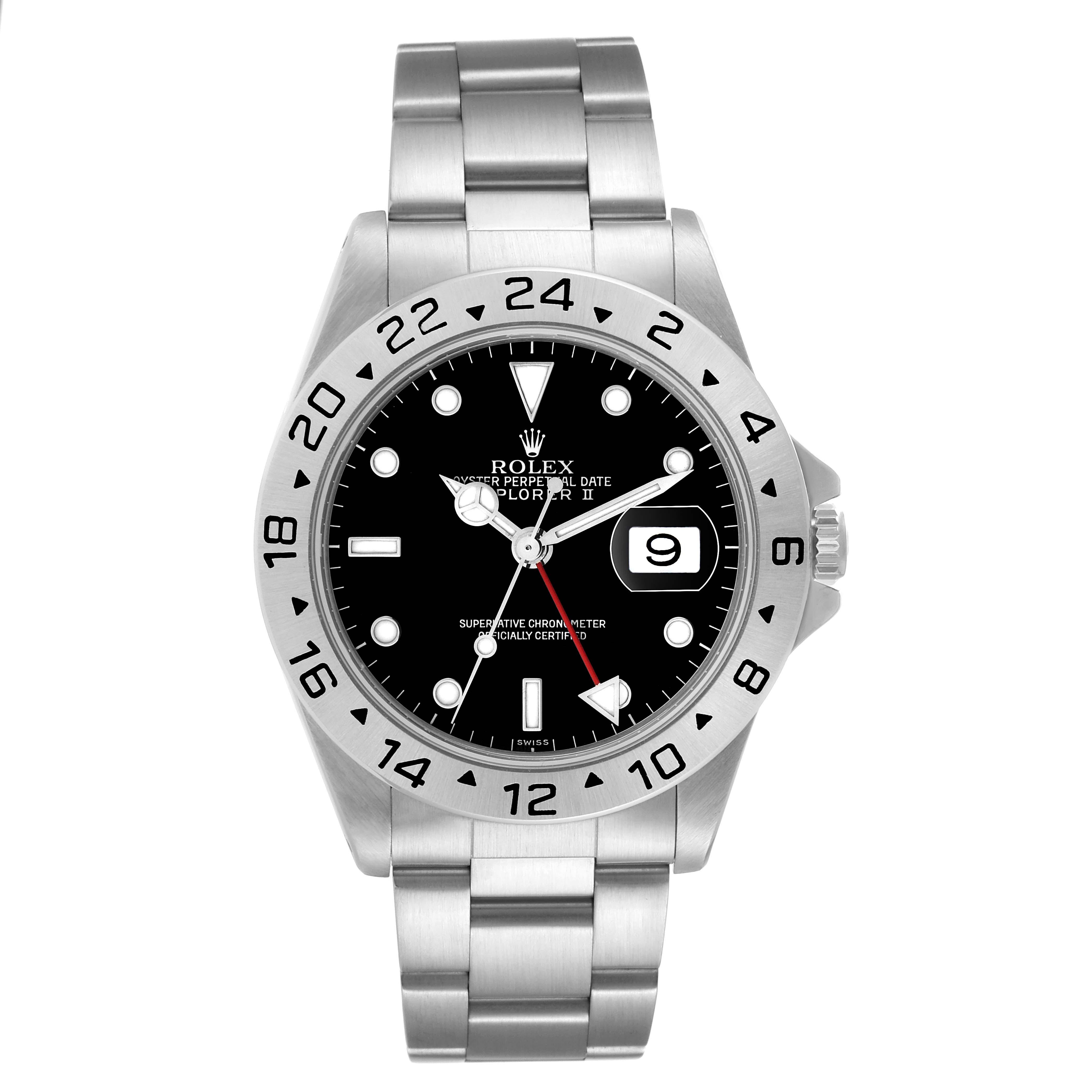The Rolex Explorer 16570 Men
s Stainless Steel Black Dial 16570 Men
s Stainless Steel Black Dial model watch is shown from a front angle, displaying the dial, bezel, and bracelet.