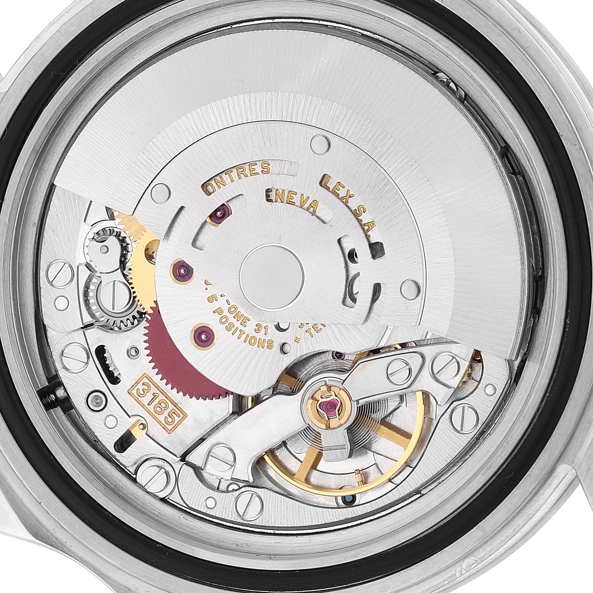 The image shows a close-up view of the movement mechanism inside a Rolex Explorer 16570 Men
s Stainless Steel Black Dial 16570 Men
s Stainless Steel Black Dial watch.