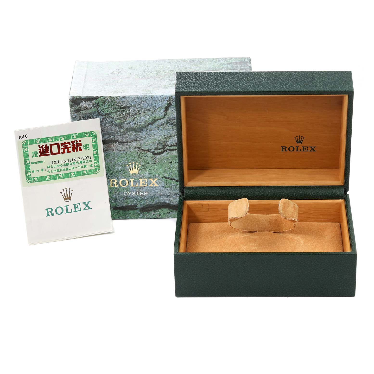 The image shows an open Rolex Explorer 16570 Men
s Stainless Steel Black Dial 16570 Men
s Stainless Steel Black Dial watch box, a protective cushion, and accompanying documents from a front angle.