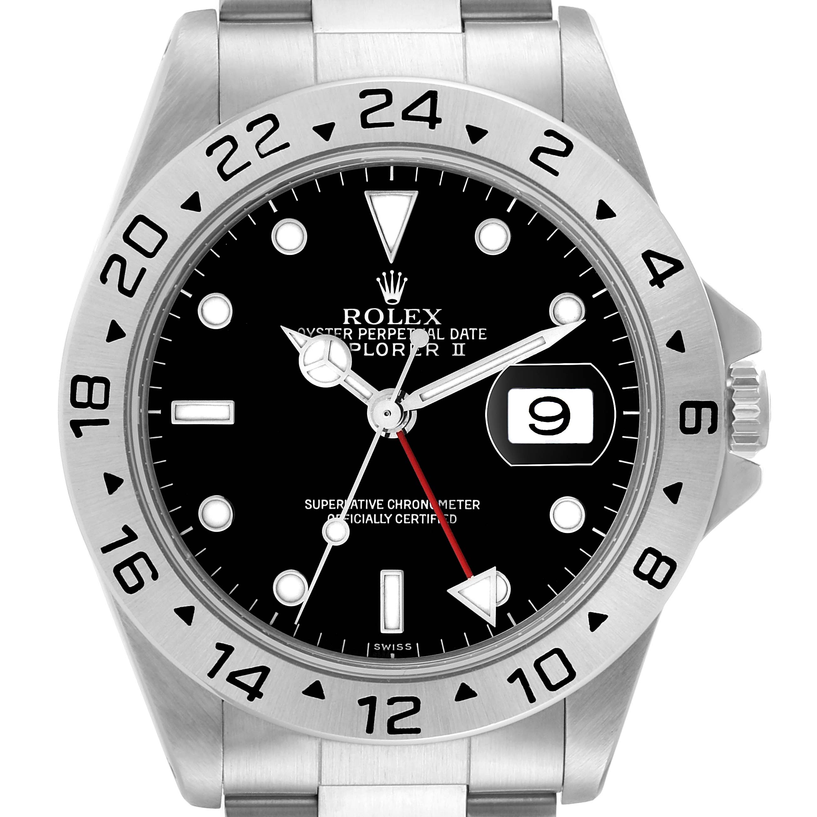 The Rolex Explorer 16570 Men
s Stainless Steel Black Dial 16570 Men
s Stainless Steel Black Dial watch is shown from a front angle, displaying the dial, bezel, hands, crown, and part of the bracelet.