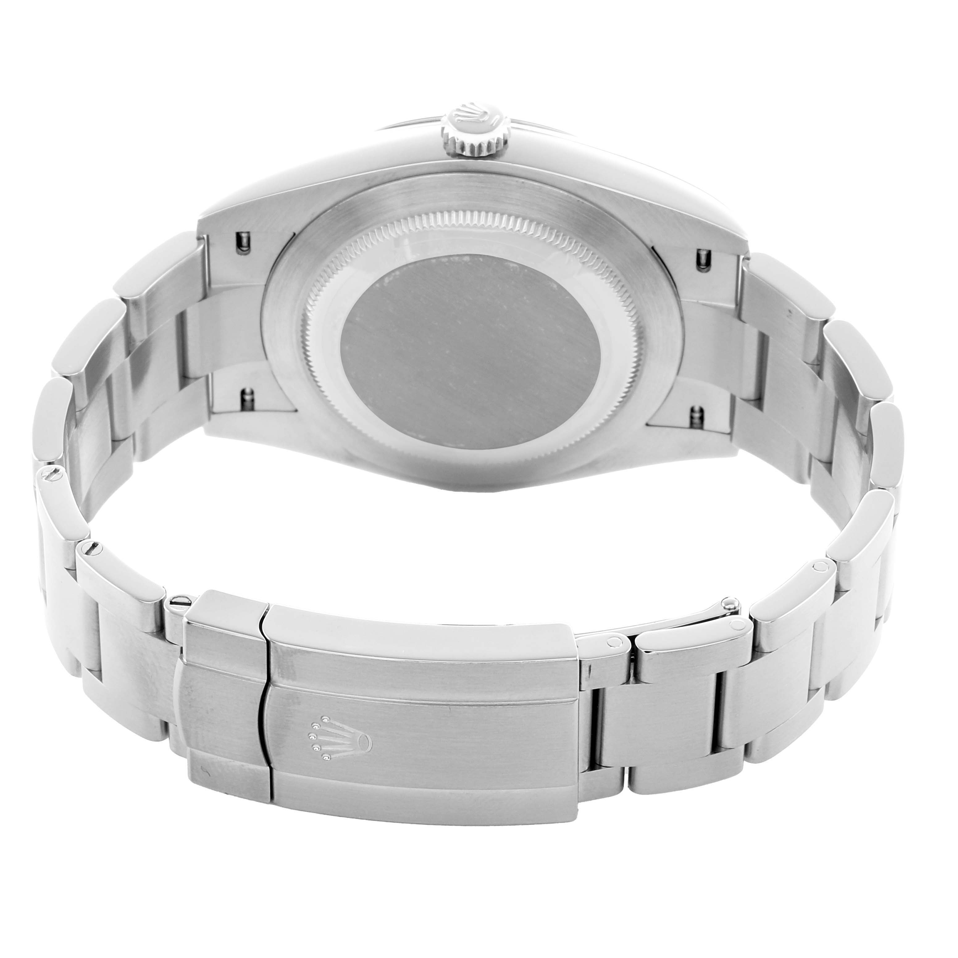 The image shows a rear view of a Rolex Oyster Perpetual 124300 Men
s Stainless Steel Green Dial watch, displaying the case back and the bracelet clasp.