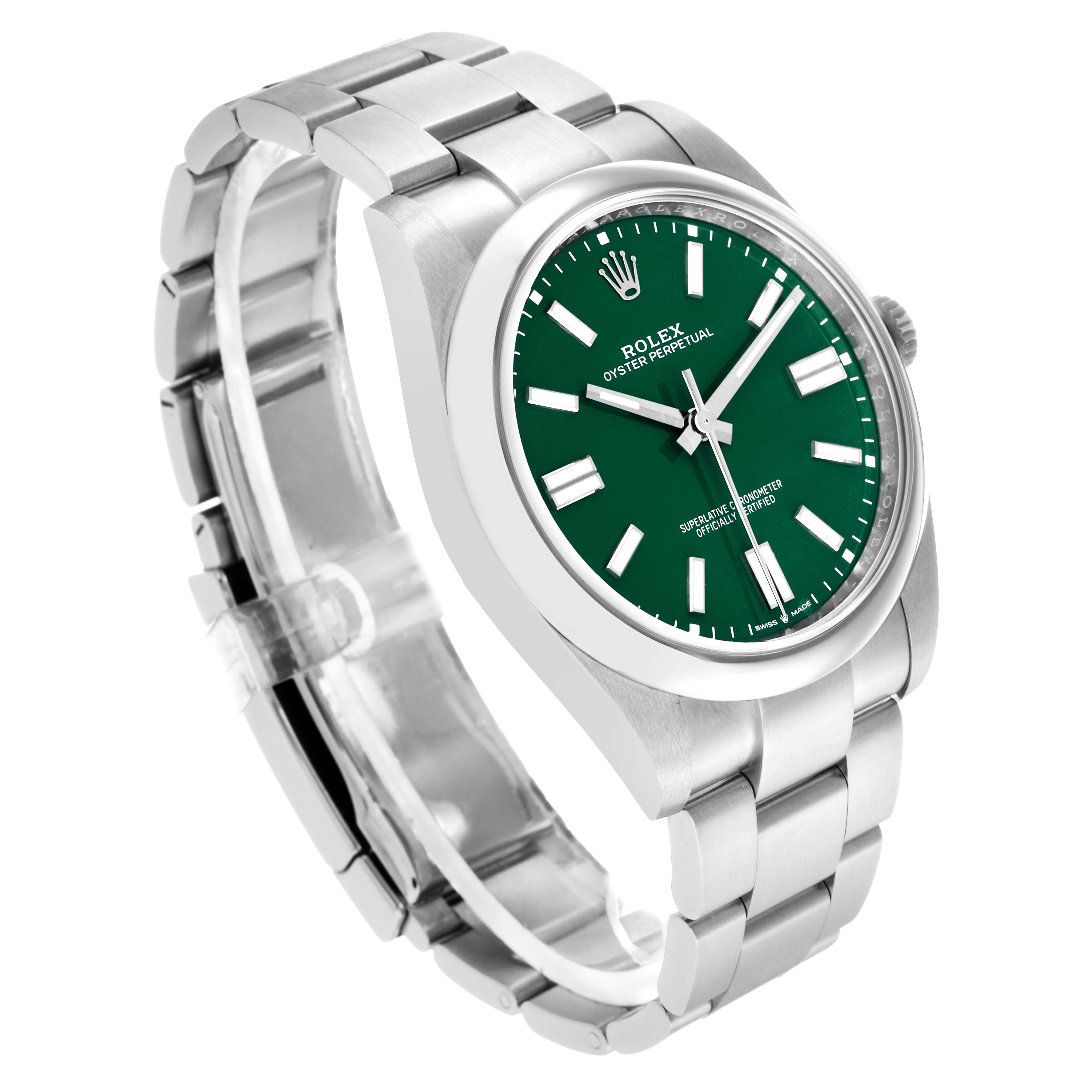 The Rolex Oyster Perpetual 124300 Men
s Stainless Steel Green Dial watch is shown at an angle highlighting the green dial, case, and metal bracelet.