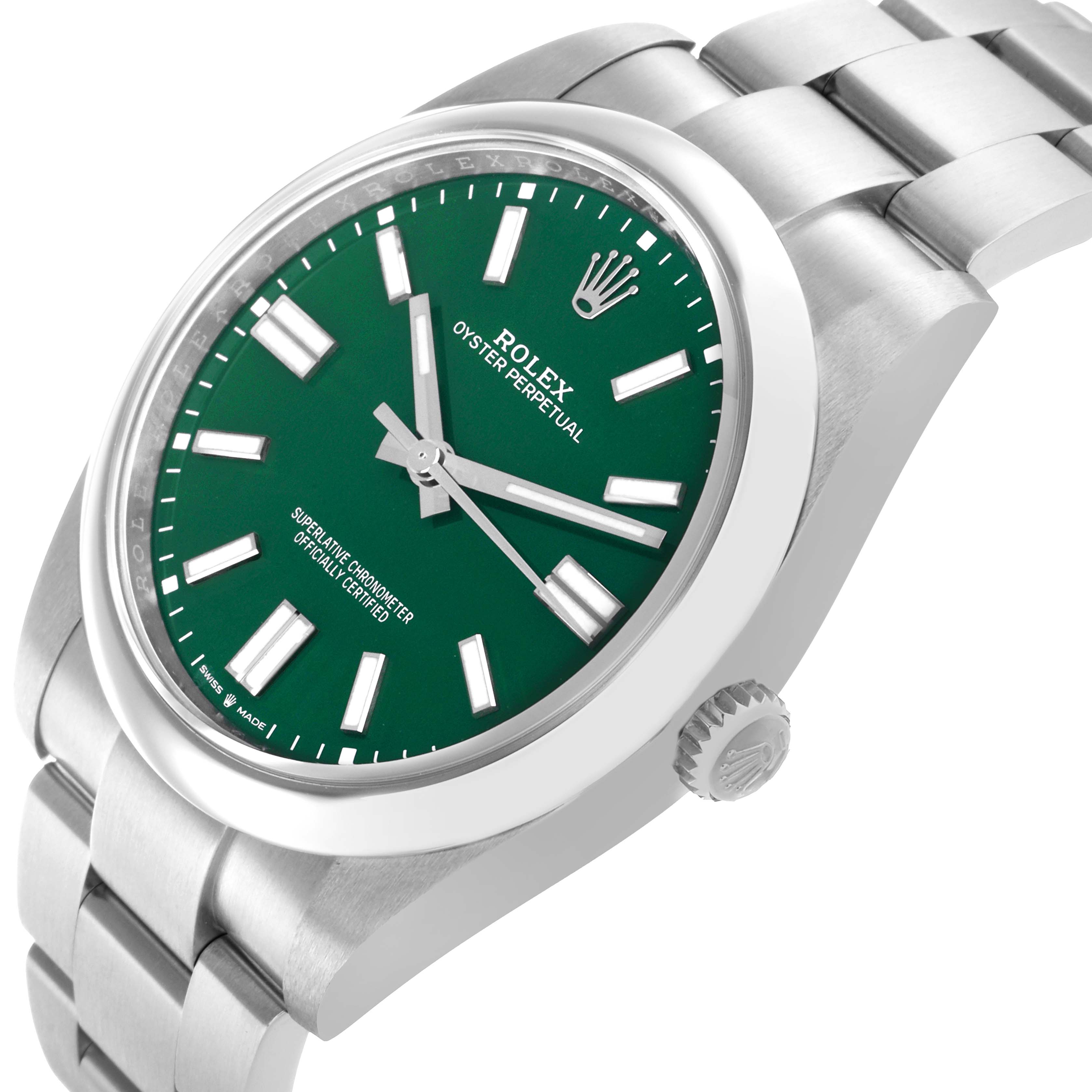 The Rolex Oyster Perpetual 124300 Men
s Stainless Steel Green Dial watch is shown at an angled view displaying the green dial, bezel, case, crown, and part of the bracelet.