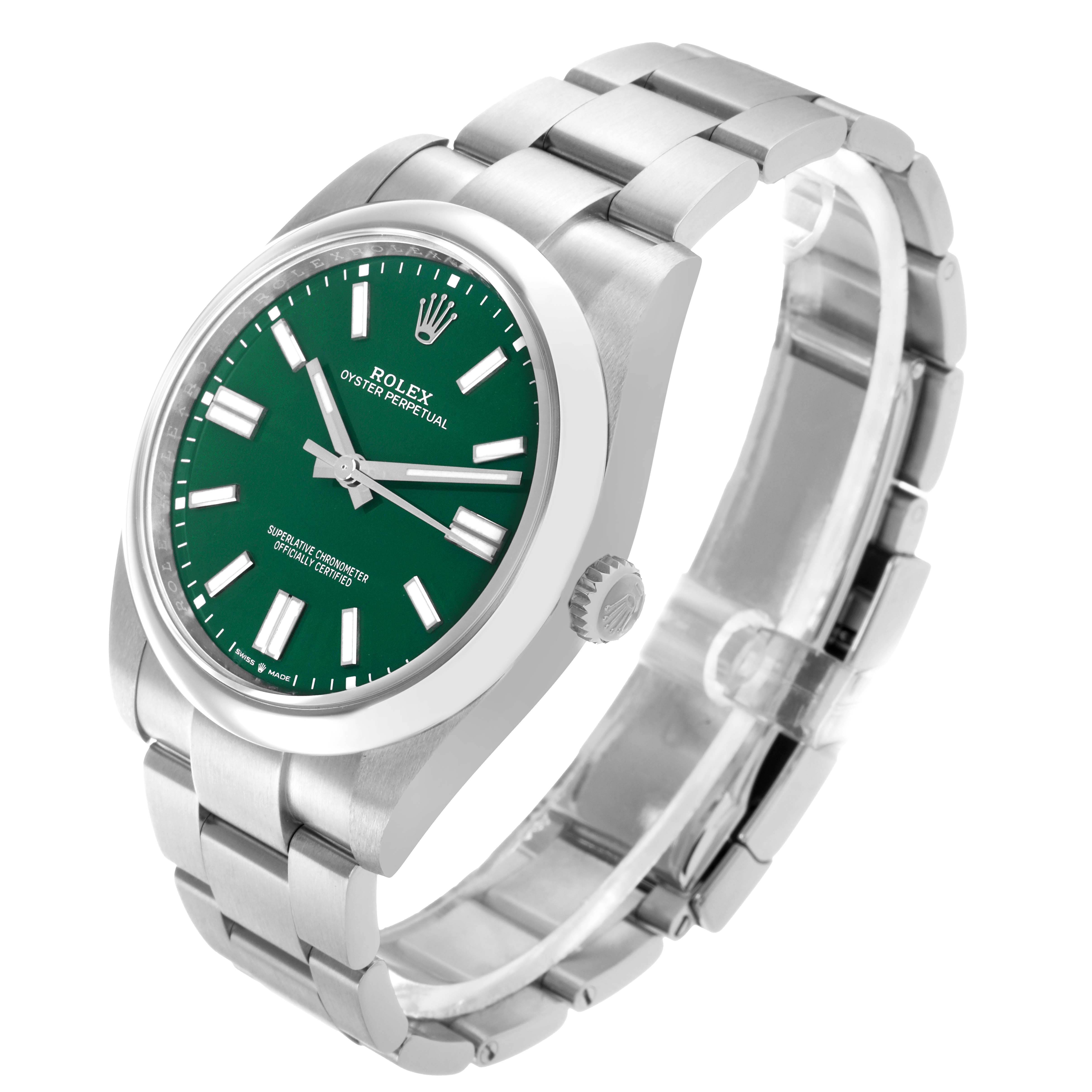 The Rolex Oyster Perpetual 124300 Men
s Stainless Steel Green Dial watch is shown at a tilted angle, highlighting the dial, bezel, and bracelet.