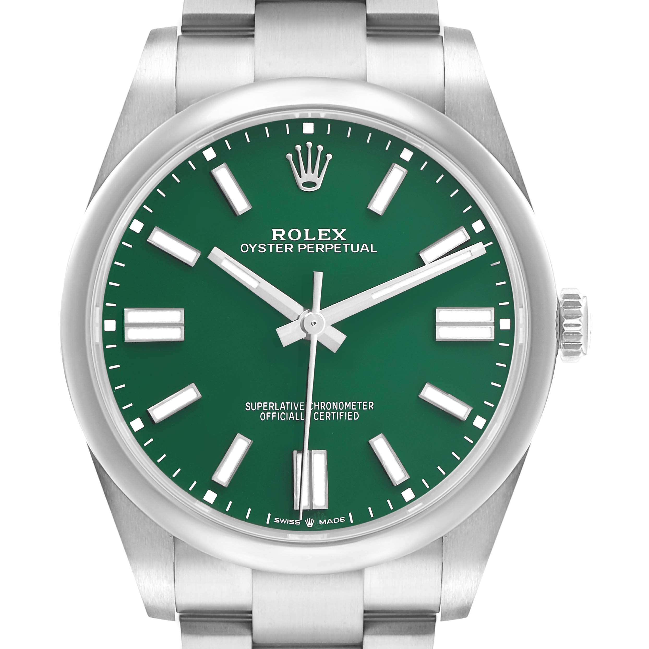 The Rolex Oyster Perpetual 124300 Men
s Stainless Steel Green Dial watch is shown from the front, highlighting the green dial, hands, markers, and part of the bracelet.