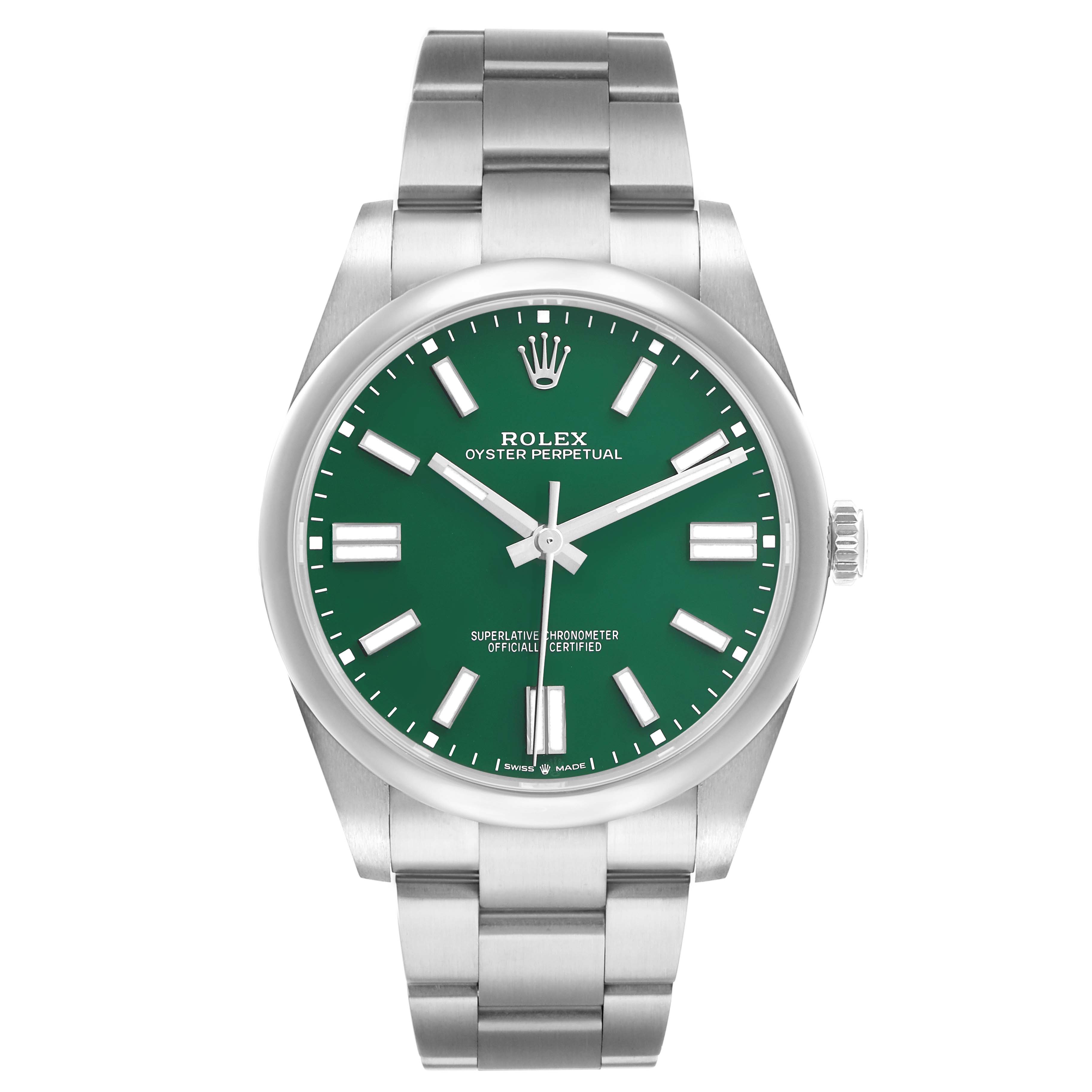 This Rolex Oyster Perpetual 124300 Men
s Stainless Steel Green Dial watch is shown from the front, highlighting the green dial, hour markers, hands, and stainless steel bracelet.