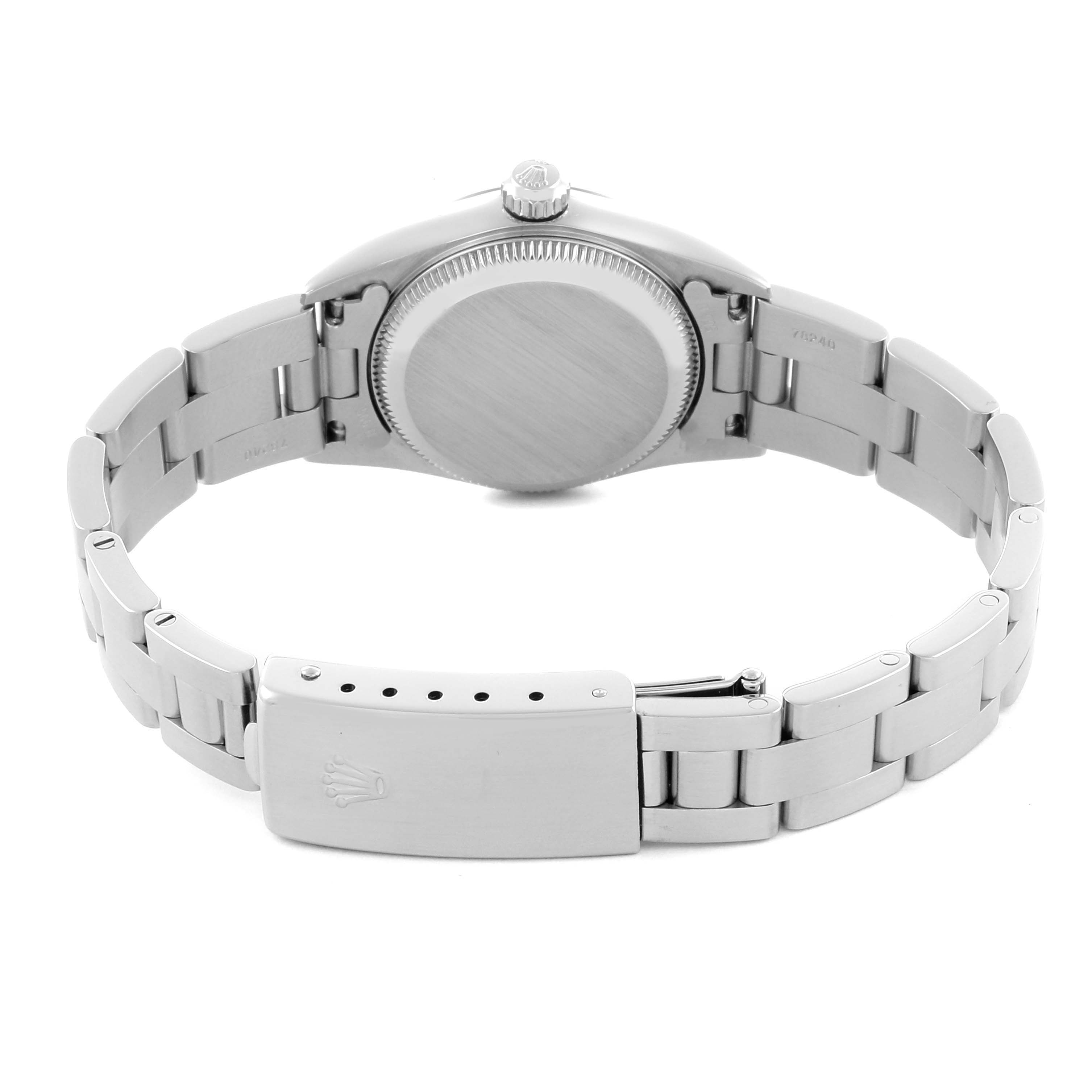 The image shows the back view of a Rolex Oyster Perpetual 76080 Women's Stainless Steel Pink Dial 76080 Women's Stainless Steel Pink Dial, highlighting the case back, bracelet, and clasp.