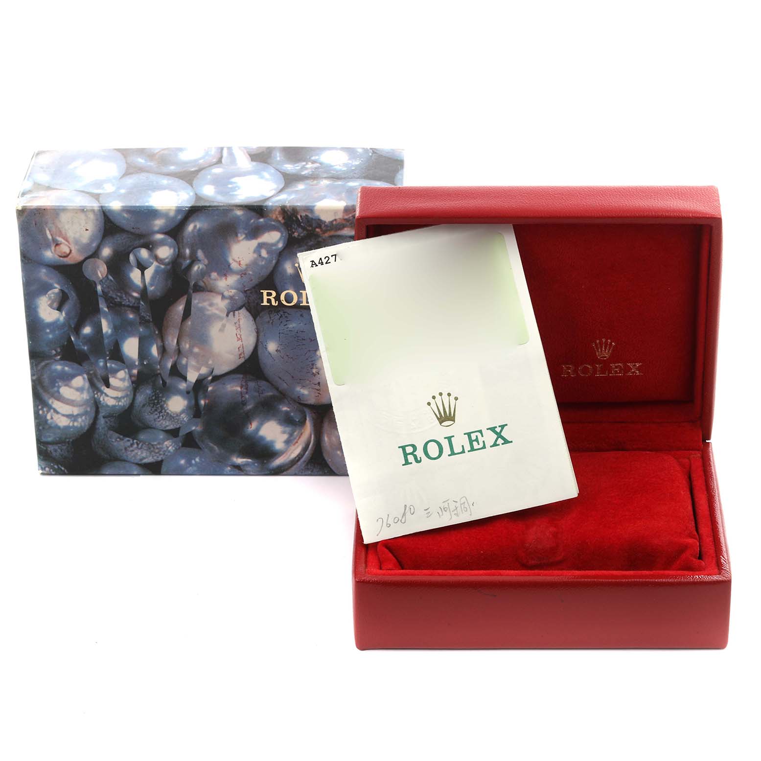 The image shows a Rolex Oyster Perpetual 76080 Women's Stainless Steel Pink Dial 76080 Women's Stainless Steel Pink Dial watch box, outer box, and a certificate.