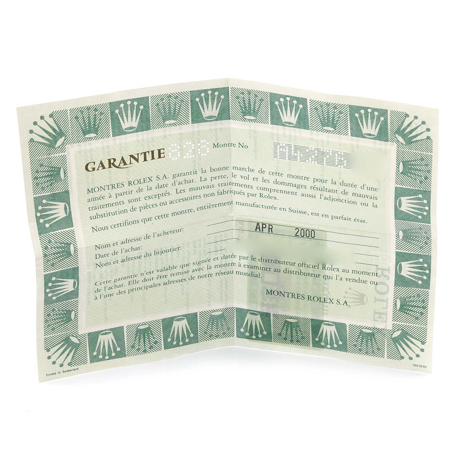 The image shows a warranty certificate for a Rolex Oyster Perpetual 76080 Women's Stainless Steel Pink Dial 76080 Women's Stainless Steel Pink Dial watch, featuring the brand's logo and purchase details.