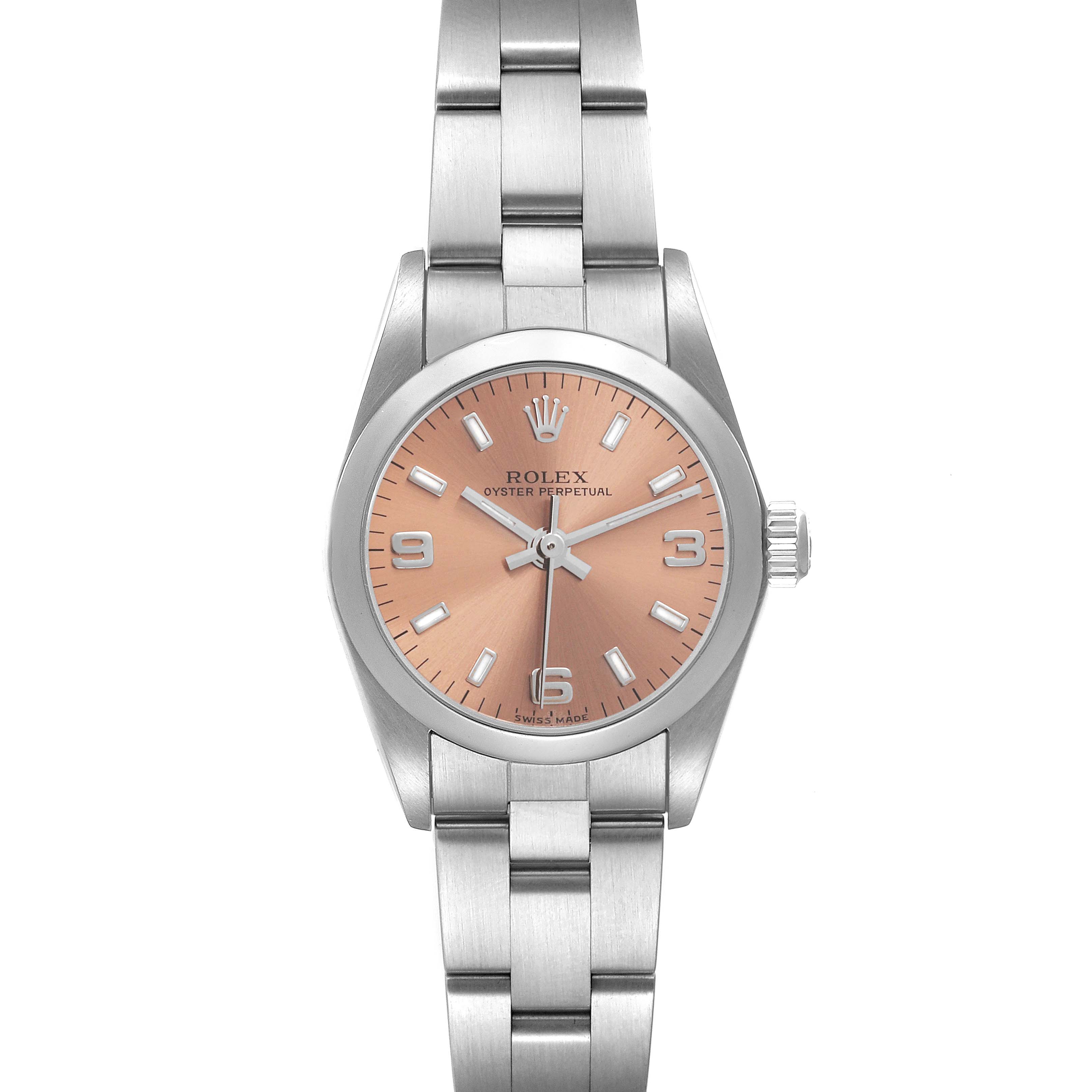 The Rolex Oyster Perpetual 76080 Women's Stainless Steel Pink Dial 76080 Women's Stainless Steel Pink Dial watch is shown from a top-down angle, displaying its face, bezel, and bracelet.