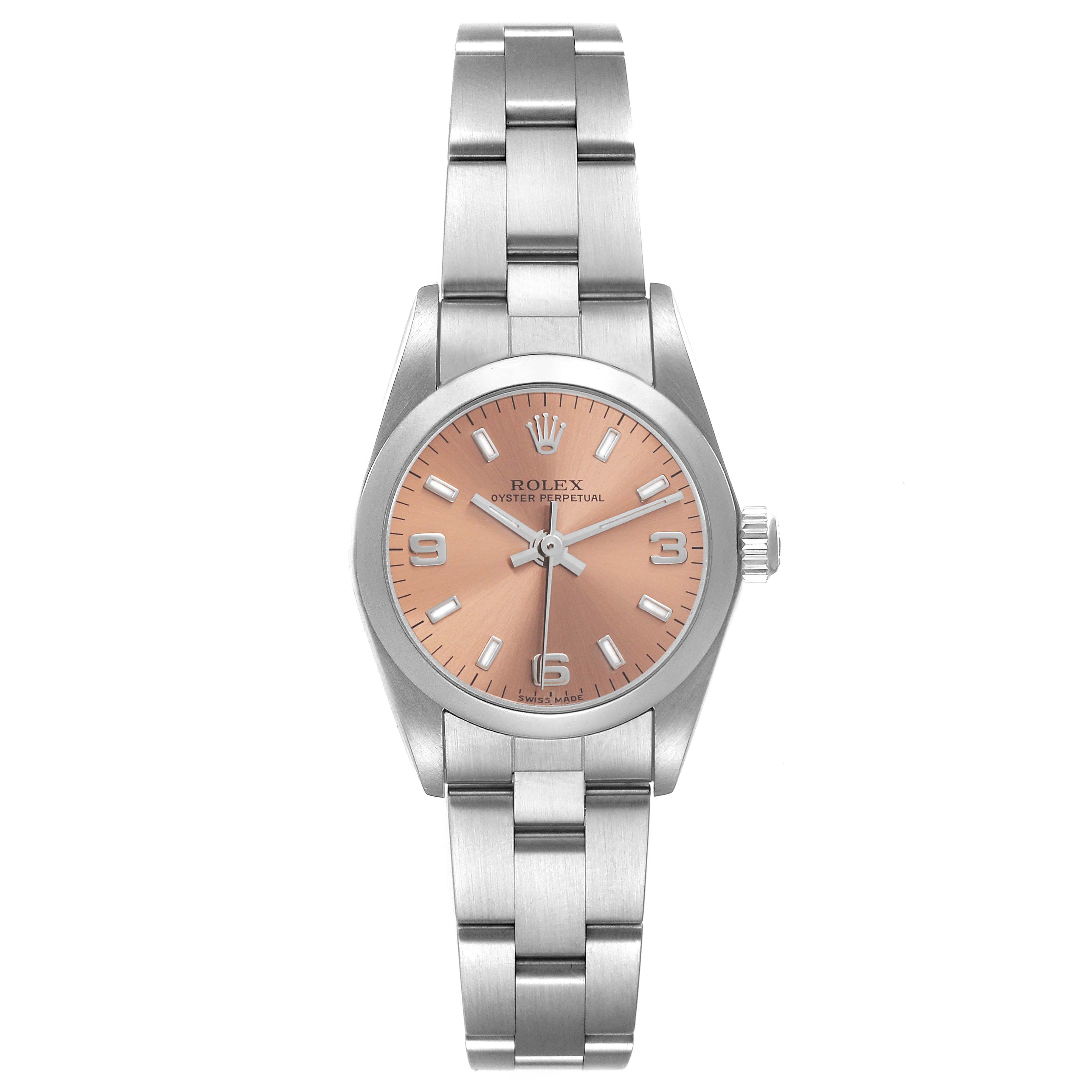 The Rolex Oyster Perpetual 76080 Women's Stainless Steel Pink Dial 76080 Women's Stainless Steel Pink Dial watch is shown from a front angle, displaying the dial, bezel, and bracelet.