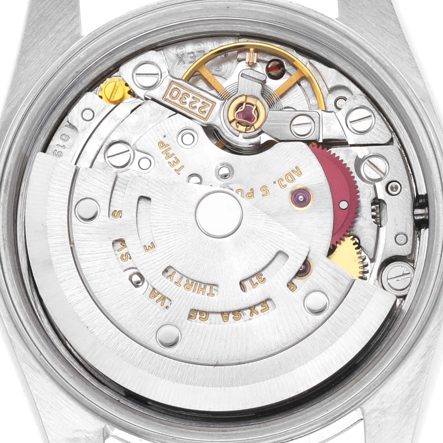 The image shows the movement mechanism of a Rolex Oyster Perpetual 76080 Women's Stainless Steel Pink Dial 76080 Women's Stainless Steel Pink Dial watch from a top-down angle.