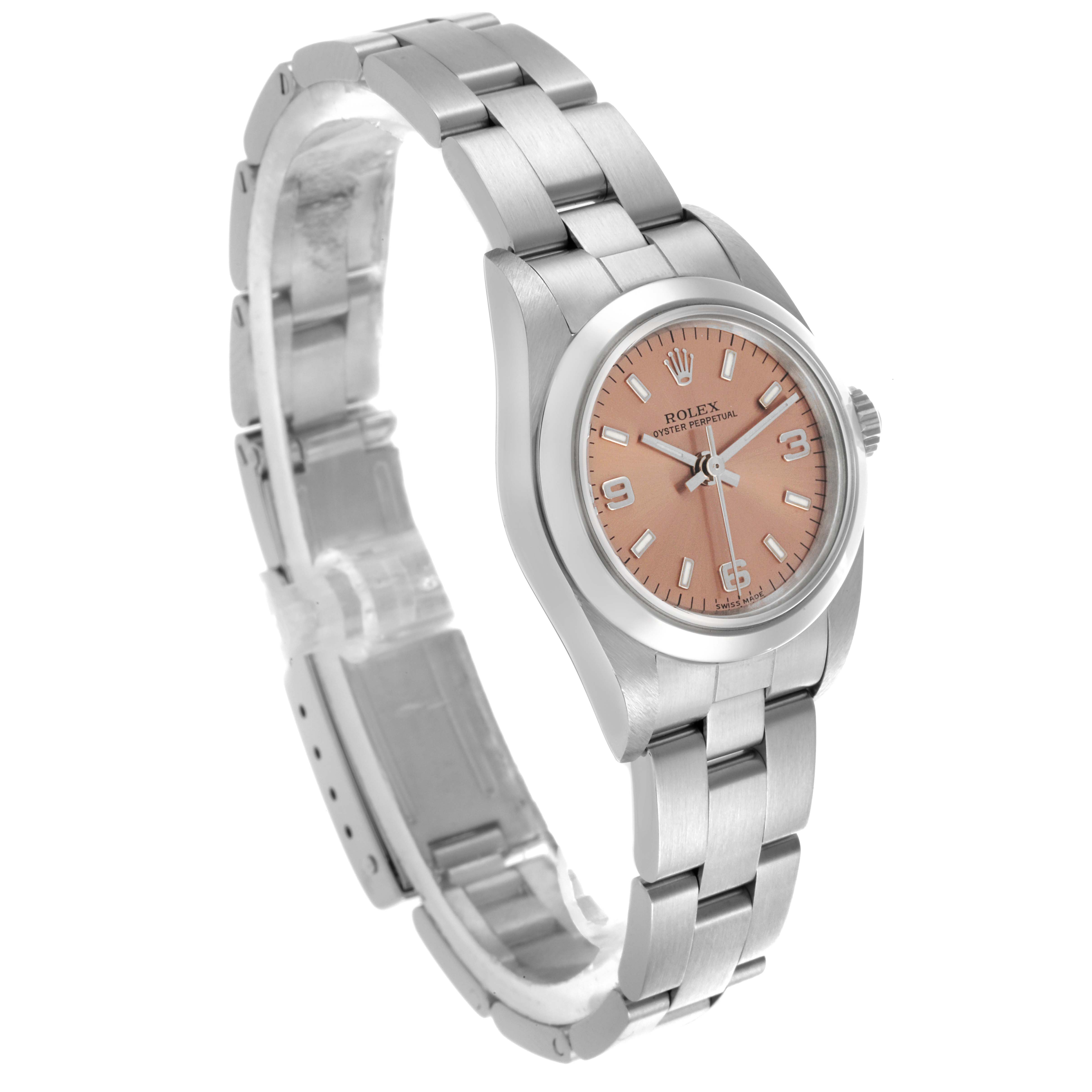The image shows a Rolex Oyster Perpetual 76080 Women's Stainless Steel Pink Dial 76080 Women's Stainless Steel Pink Dial watch at an angled side view, displaying the dial, case, and bracelet.