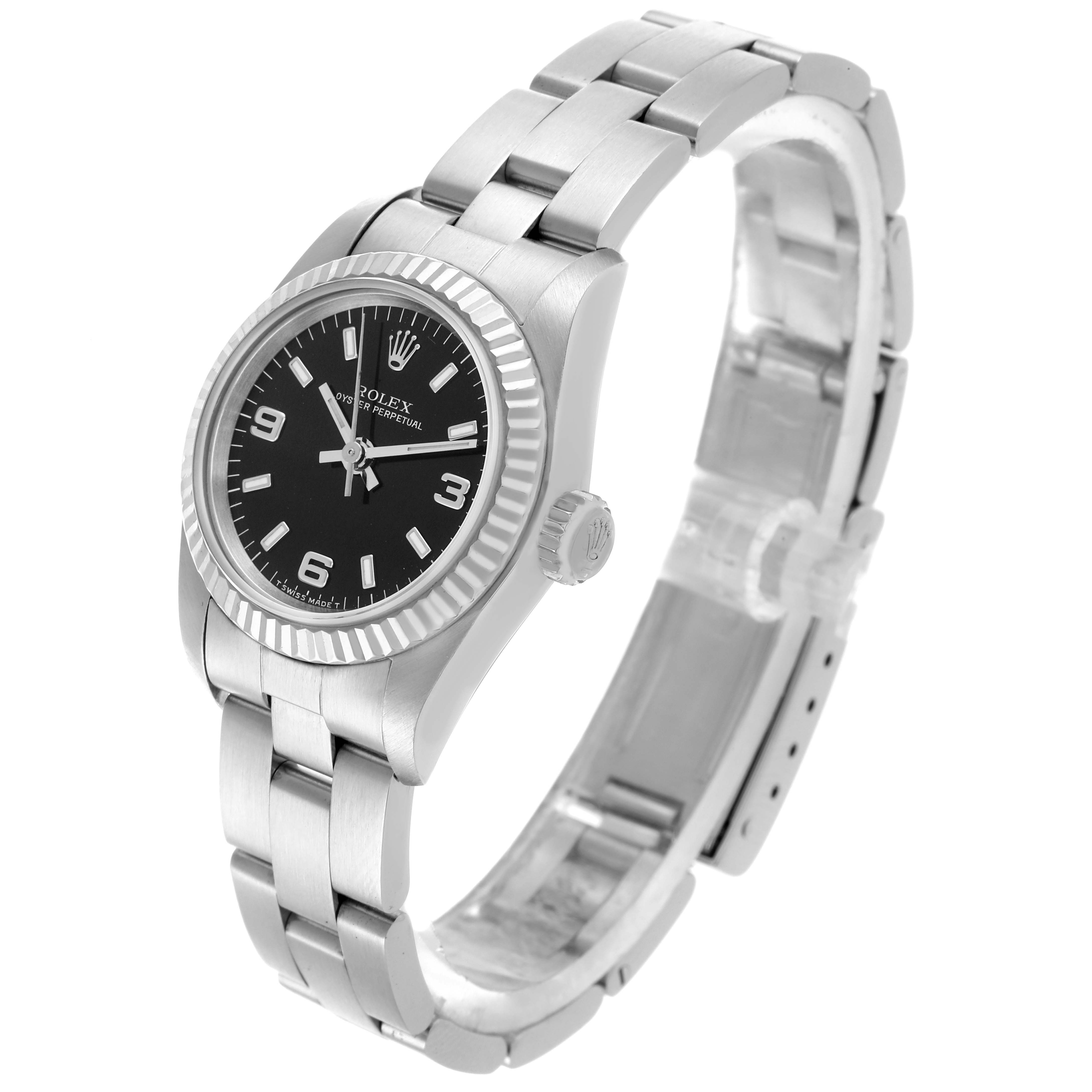The Rolex Oyster Perpetual 67194 Women's Stainless Steel Black Dial 67194 Women's Stainless Steel Black Dial watch is shown at a three-quarter angle, revealing the face, bezel, crown, and bracelet.
