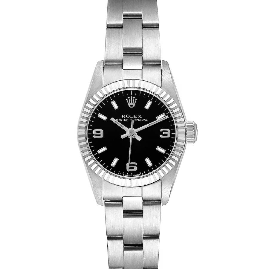 The Rolex Oyster Perpetual watch is shown from a front angle, displaying its black dial, bezel, and bracelet.