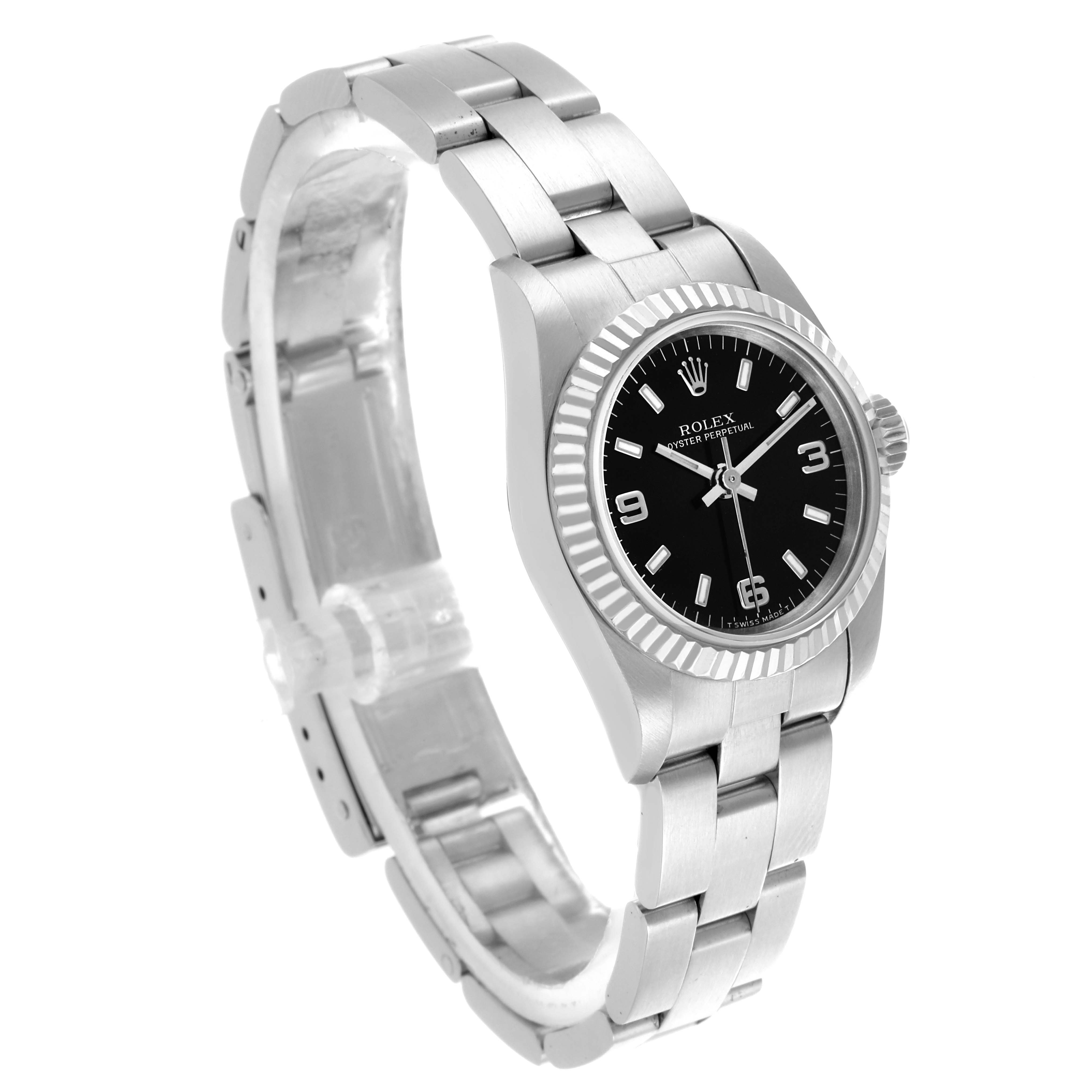 The Rolex Oyster Perpetual 67194 Women's Stainless Steel Black Dial 67194 Women's Stainless Steel Black Dial watch is shown at a slight angle, featuring the bracelet, case, and dial.