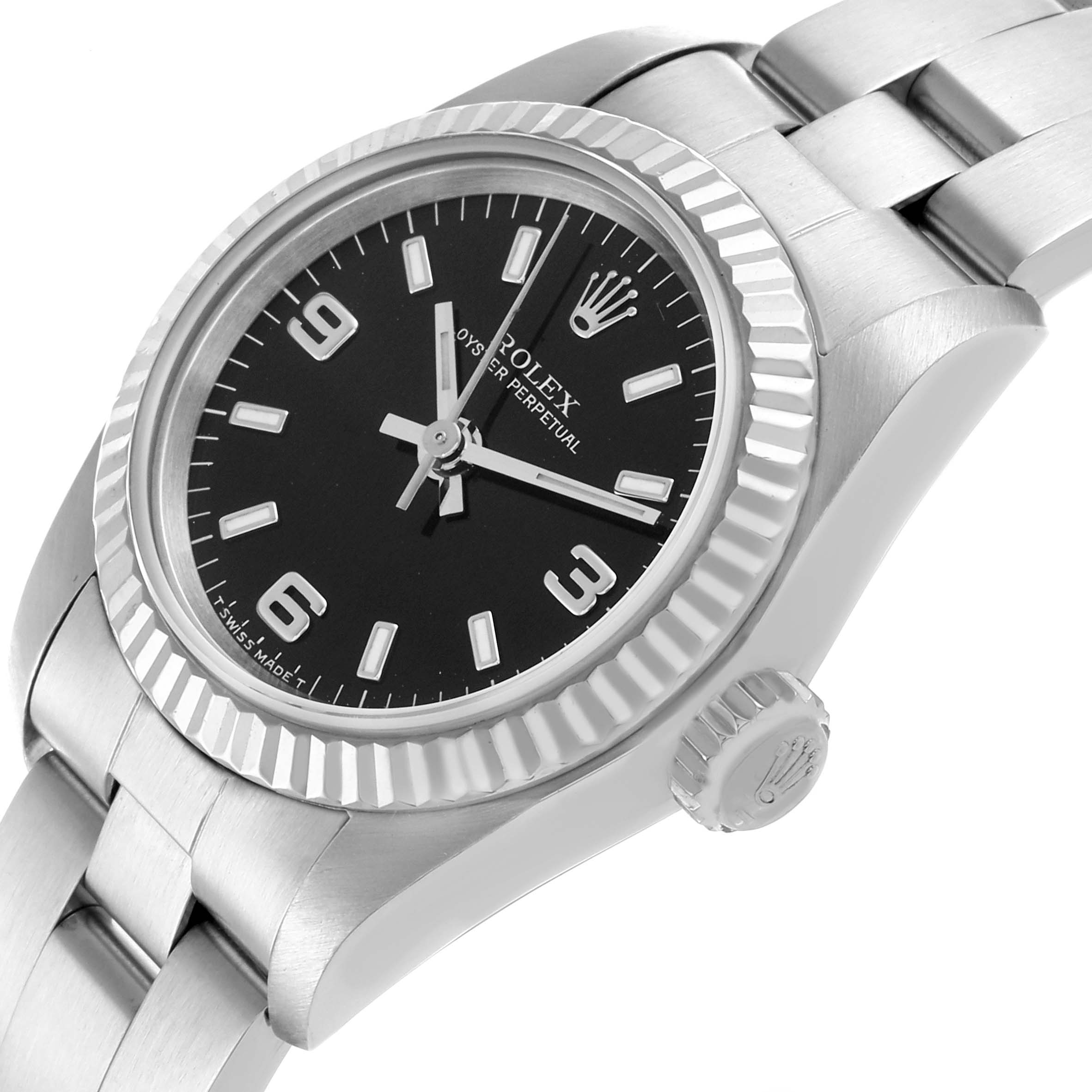 The Rolex Oyster Perpetual 67194 Women's Stainless Steel Black Dial 67194 Women's Stainless Steel Black Dial watch is shown at a slight angle highlighting the bezel, dial, crown, and bracelet.