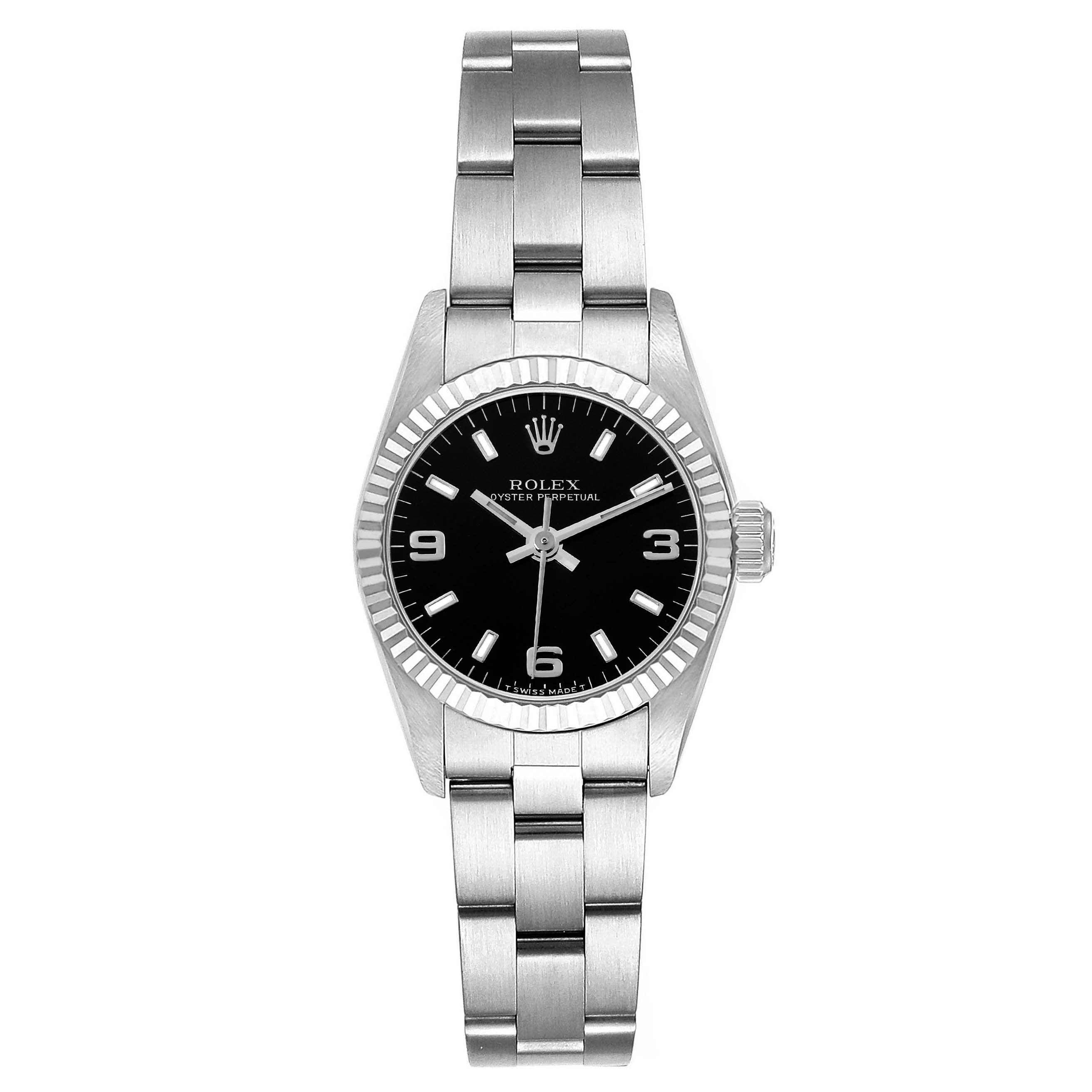 The Rolex Oyster Perpetual 67194 Women's Stainless Steel Black Dial 67194 Women's Stainless Steel Black Dial watch is shown from a top-down angle, displaying its face, bezel, and bracelet.
