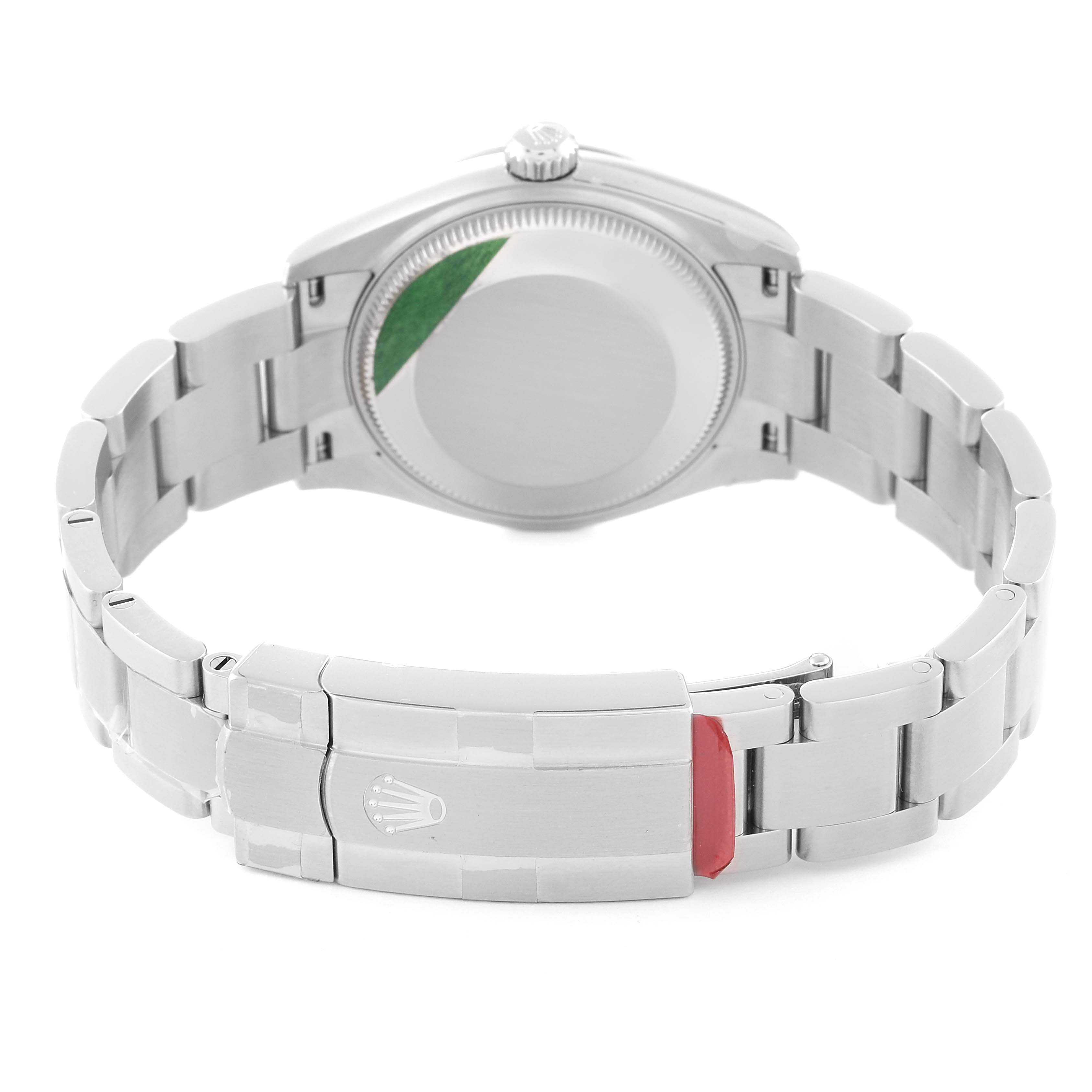 This image shows the back and clasp of a Mid-Size Rolex watch from a rear angle.