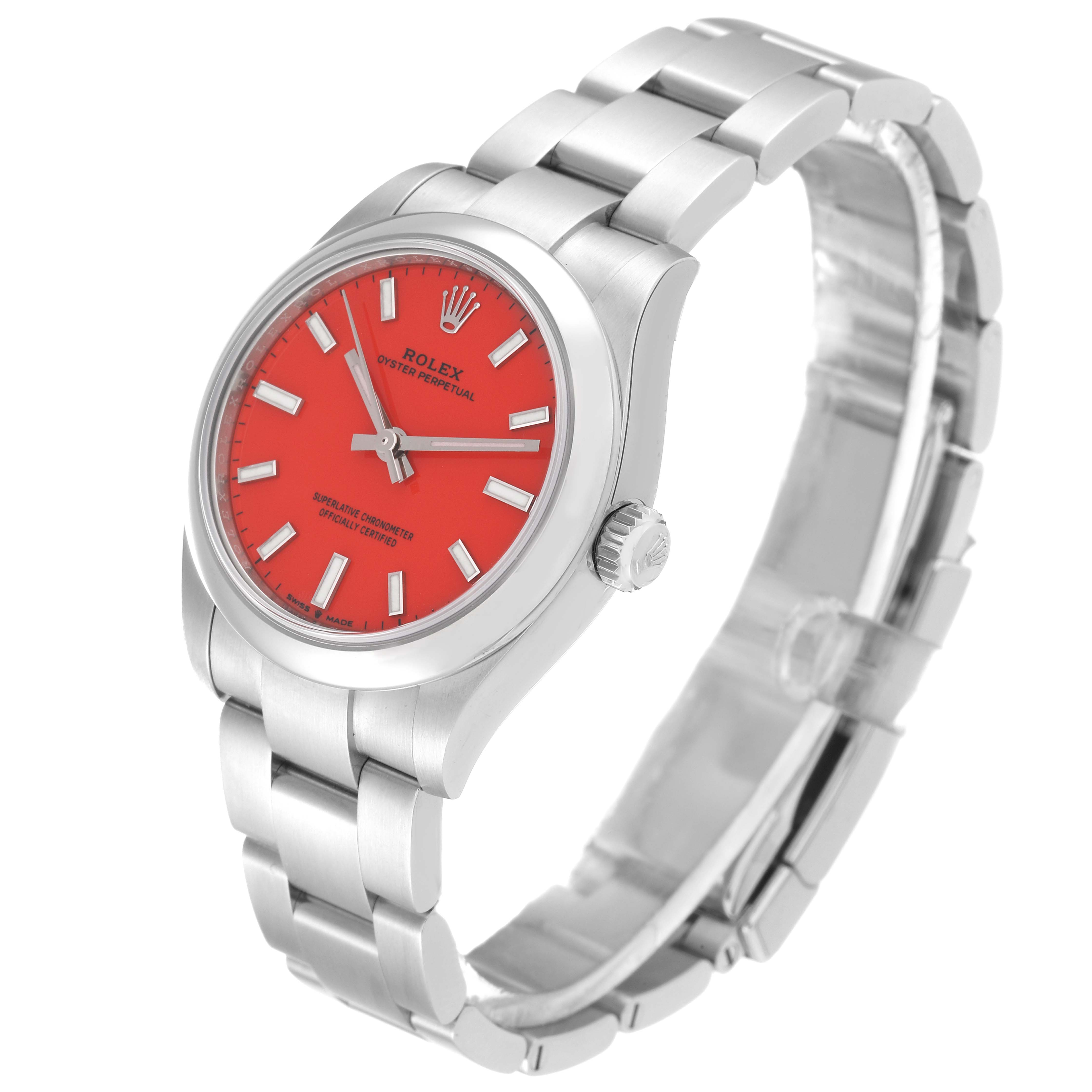 This image shows a side view of a Rolex Mid-Size 277200 Women's Stainless Steel Red Dial 277200 Women's Stainless Steel Red Dial model watch with a red dial and stainless steel bracelet.