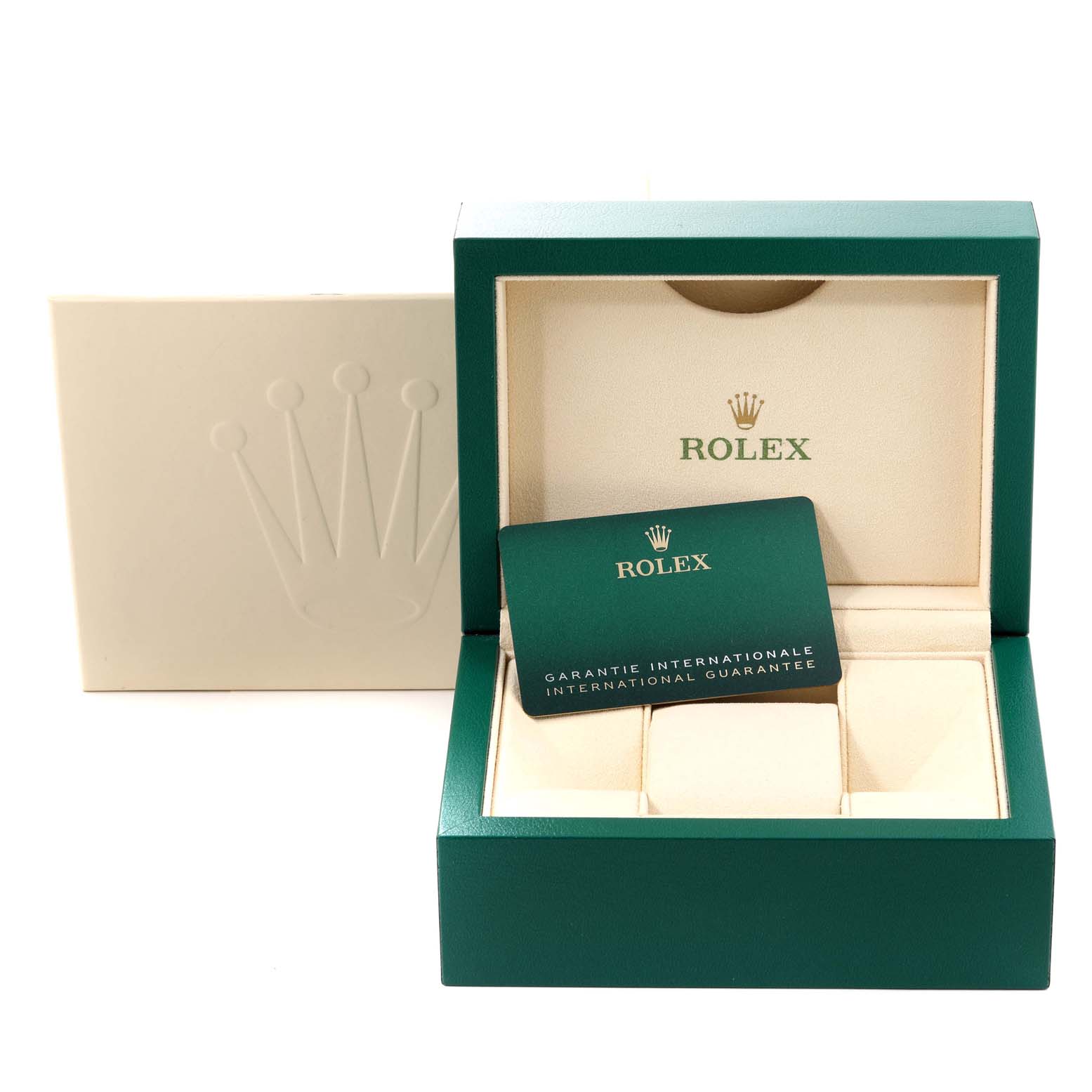 This image shows the open box and guarantee card for a Rolex Mid-Size 277200 Women's Stainless Steel Red Dial 277200 Women's Stainless Steel Red Dial model watch, viewed from the front.