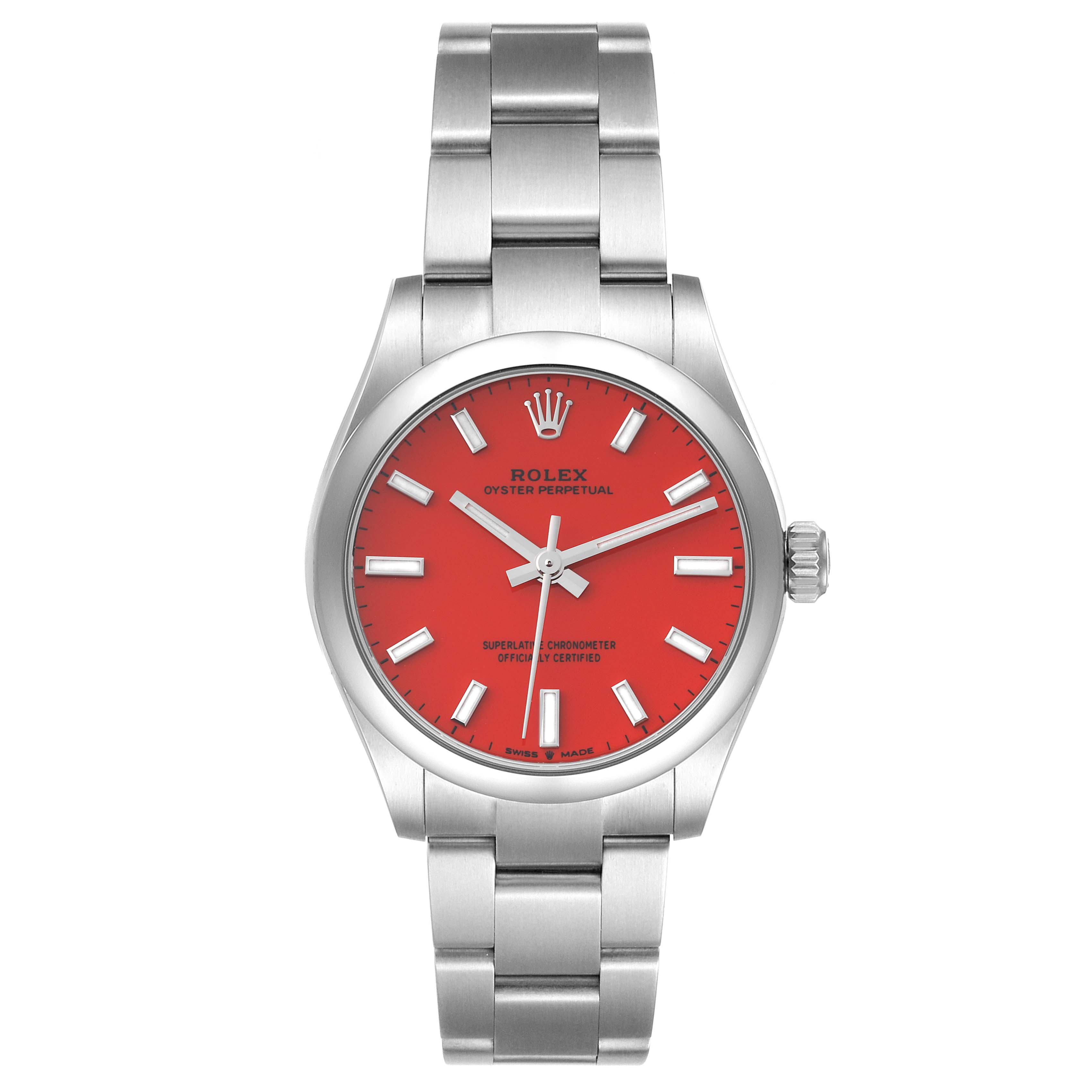 The image shows a front view of a Rolex Oyster Perpetual Mid-Size watch with a red dial and silver bracelet.