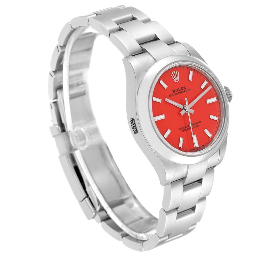 Rolex Oyster Perpetual Midsize Coral Red Dial Steel Ladies Watch