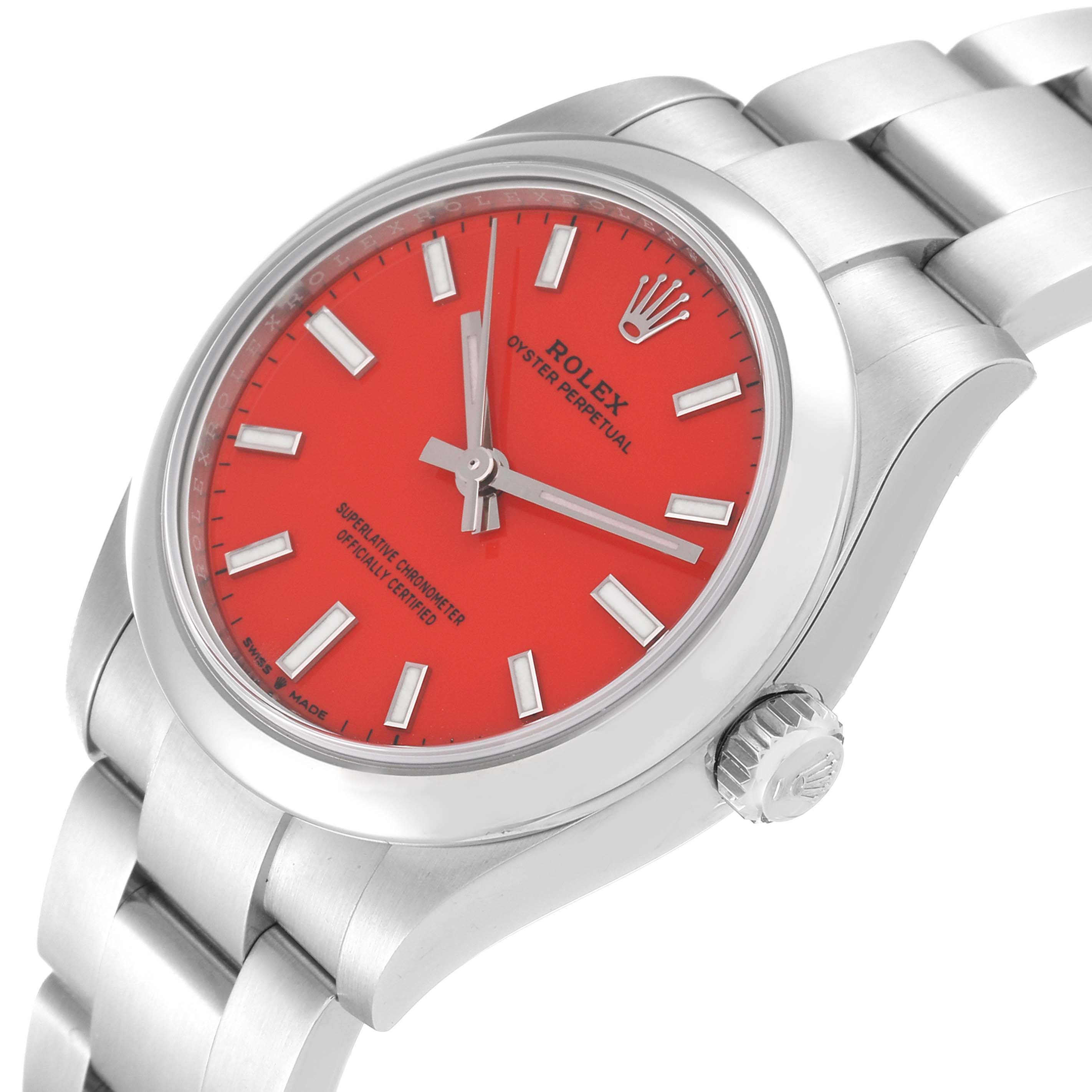 The Rolex Oyster Perpetual Mid-Size watch is shown at a slight angle displaying the dial, crown, and part of the bracelet.