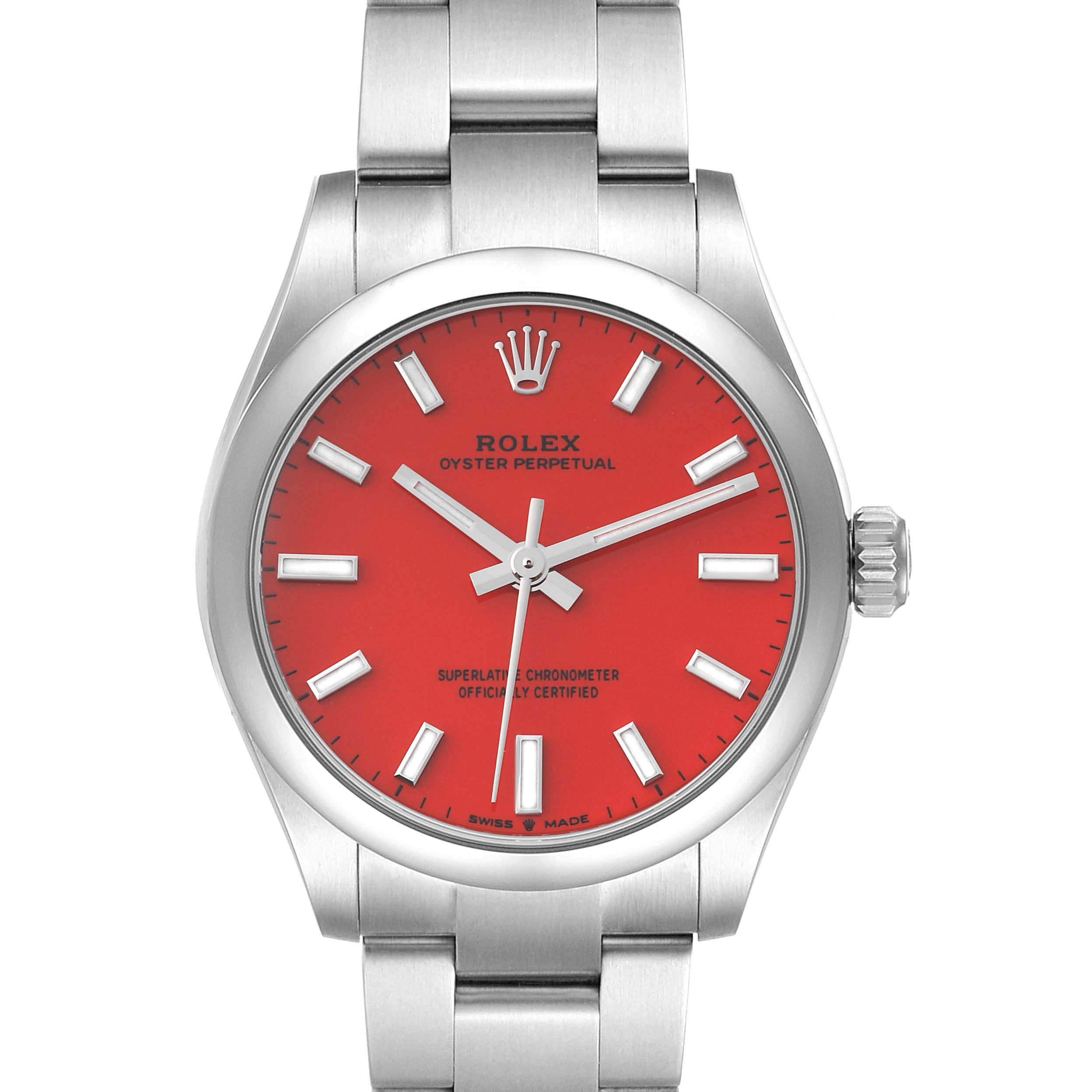 The image shows a front view of the Rolex Oyster Perpetual Mid-Size watch with a red dial and a stainless steel bracelet.