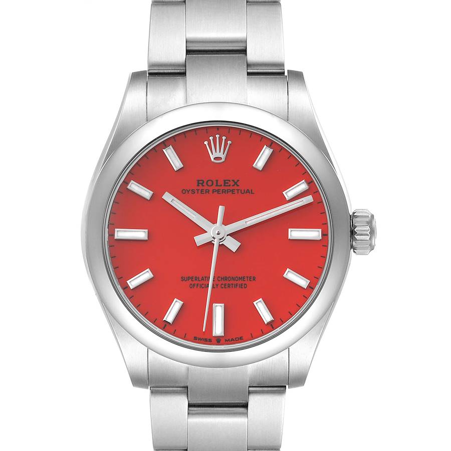 Rolex Oyster Perpetual Midsize Coral Red Dial Steel Ladies Watch 277200 Box Card SwissWatchExpo