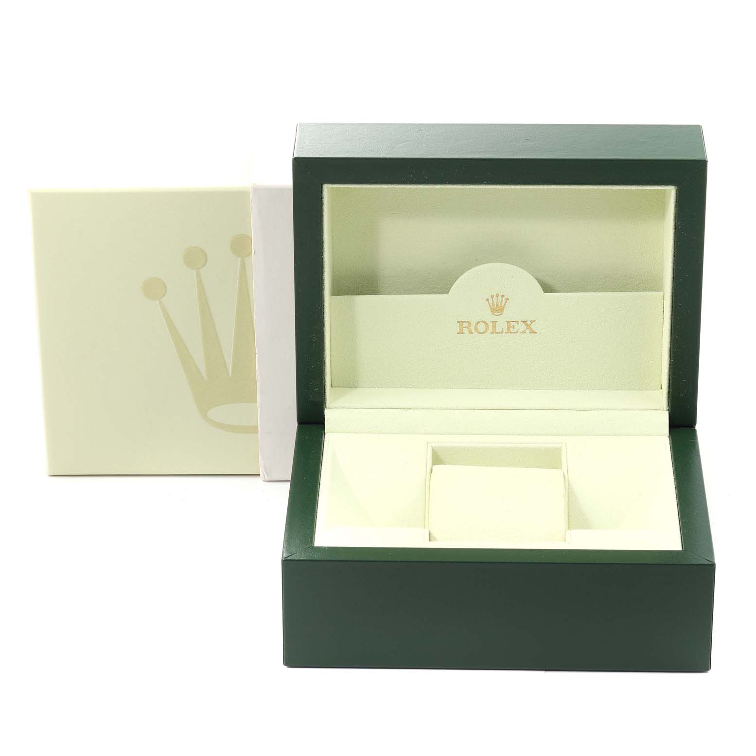 This image shows an open Rolex Oyster Perpetual 176200 Women's Stainless Steel Black Dial 176200 Women's Stainless Steel Black Dial watch box with visible compartments.