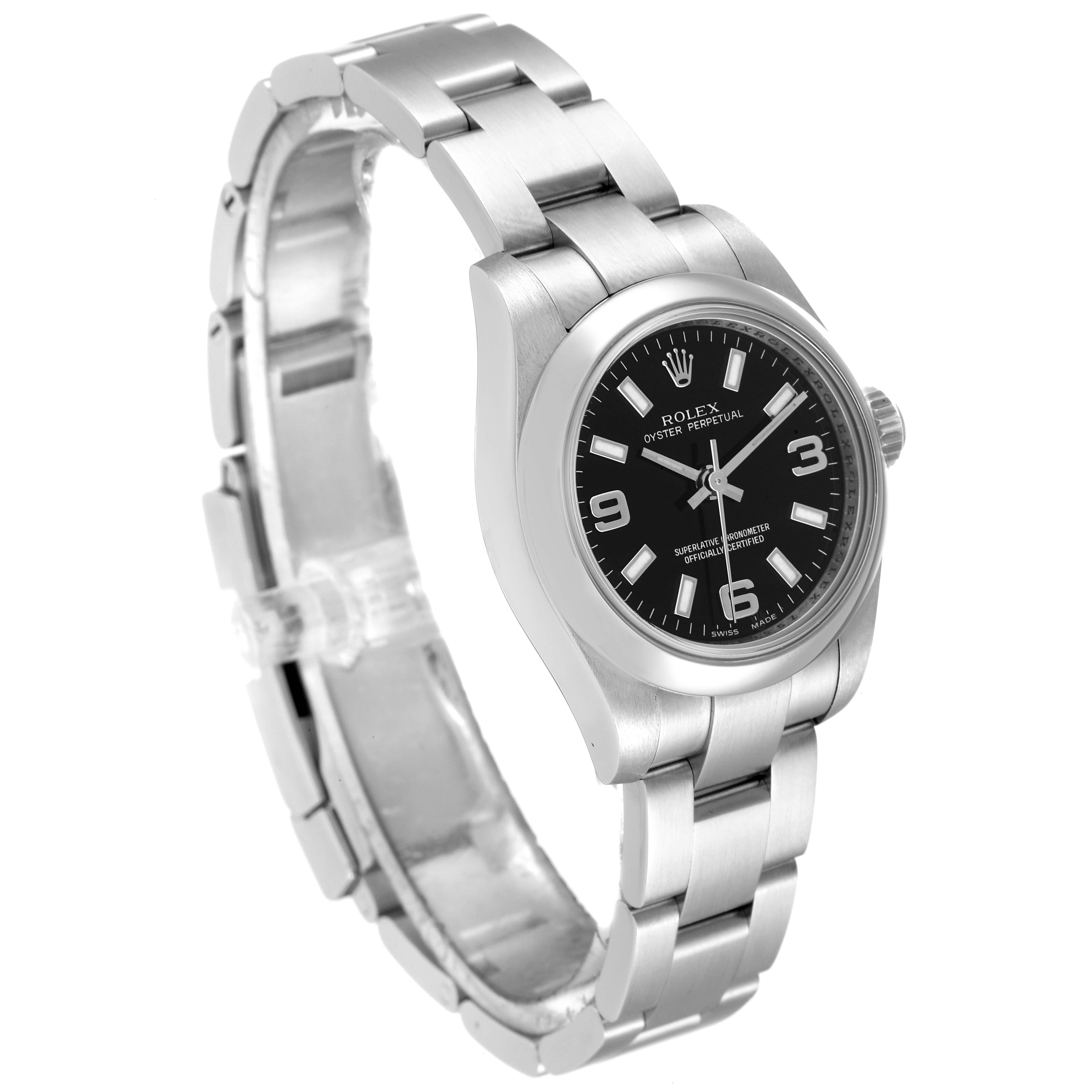 The image shows a side angle of a Rolex Oyster Perpetual 176200 Women's Stainless Steel Black Dial 176200 Women's Stainless Steel Black Dial watch highlighting its face, bracelet, and clasp.