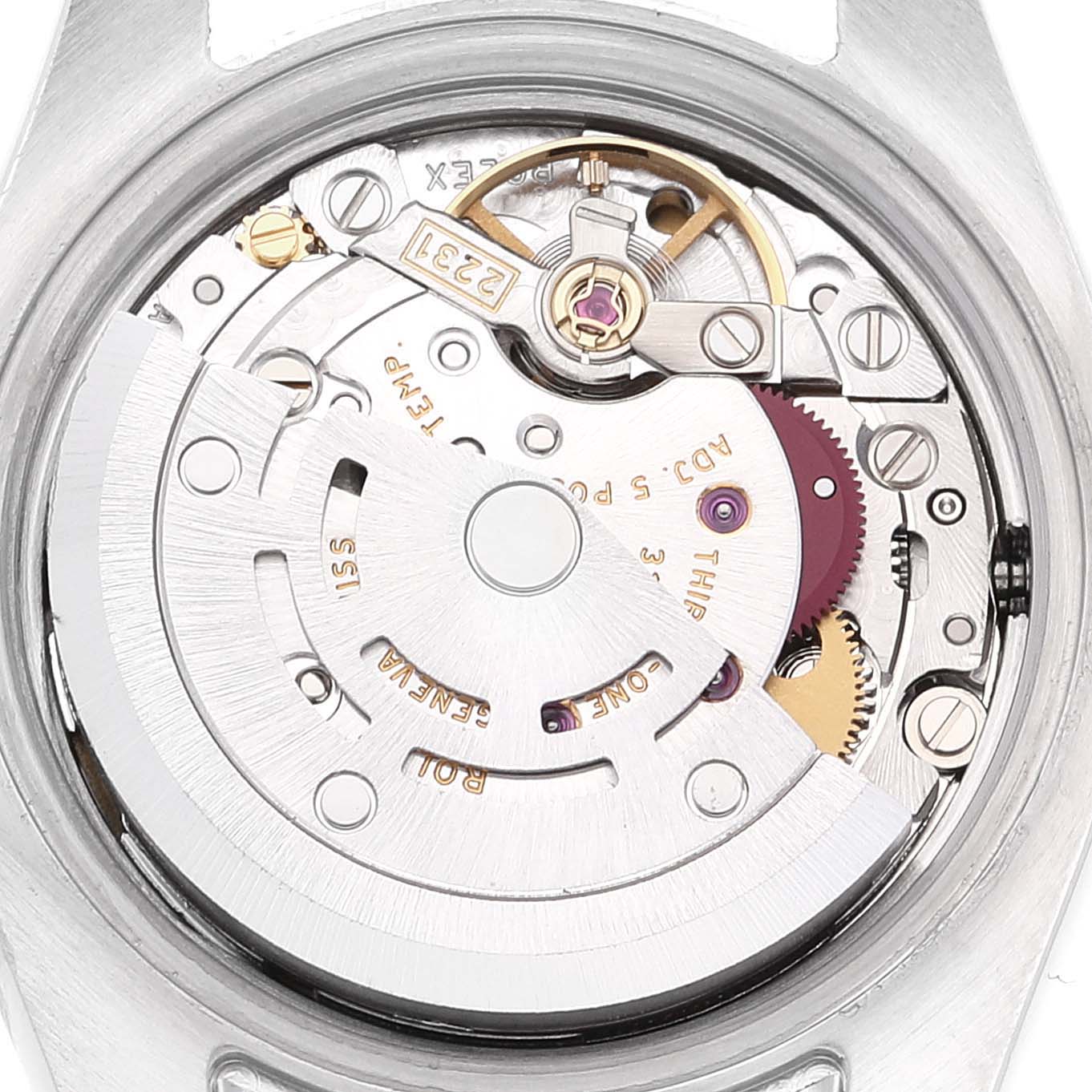The image shows the internal mechanics of a Rolex Oyster Perpetual 176200 Women's Stainless Steel Black Dial 176200 Women's Stainless Steel Black Dial watch, including gears and the rotor, viewed from the back.