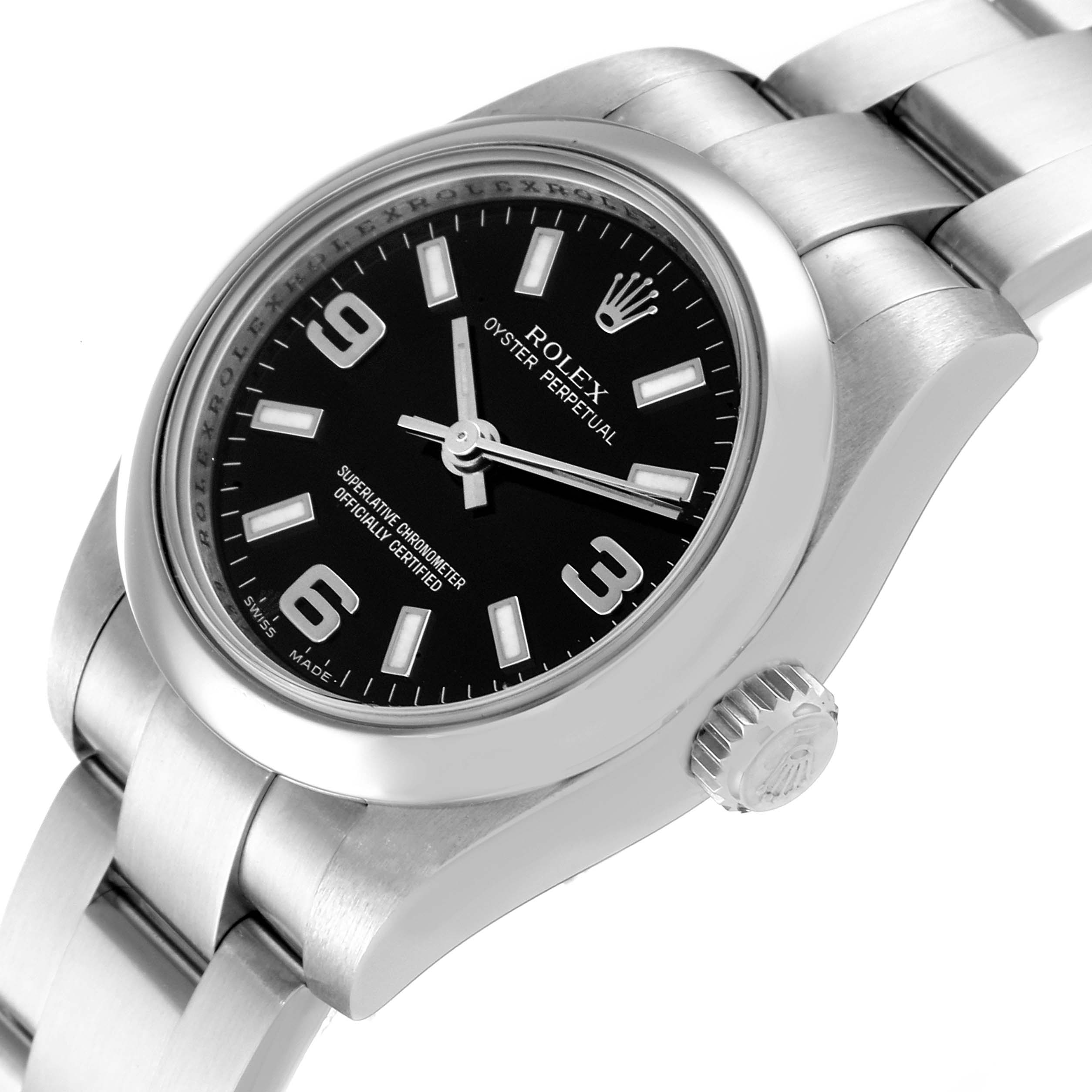 The image shows a close-up angle of a Rolex Oyster Perpetual 176200 Women's Stainless Steel Black Dial 176200 Women's Stainless Steel Black Dial watch, highlighting the dial, crown, and part of the bracelet.