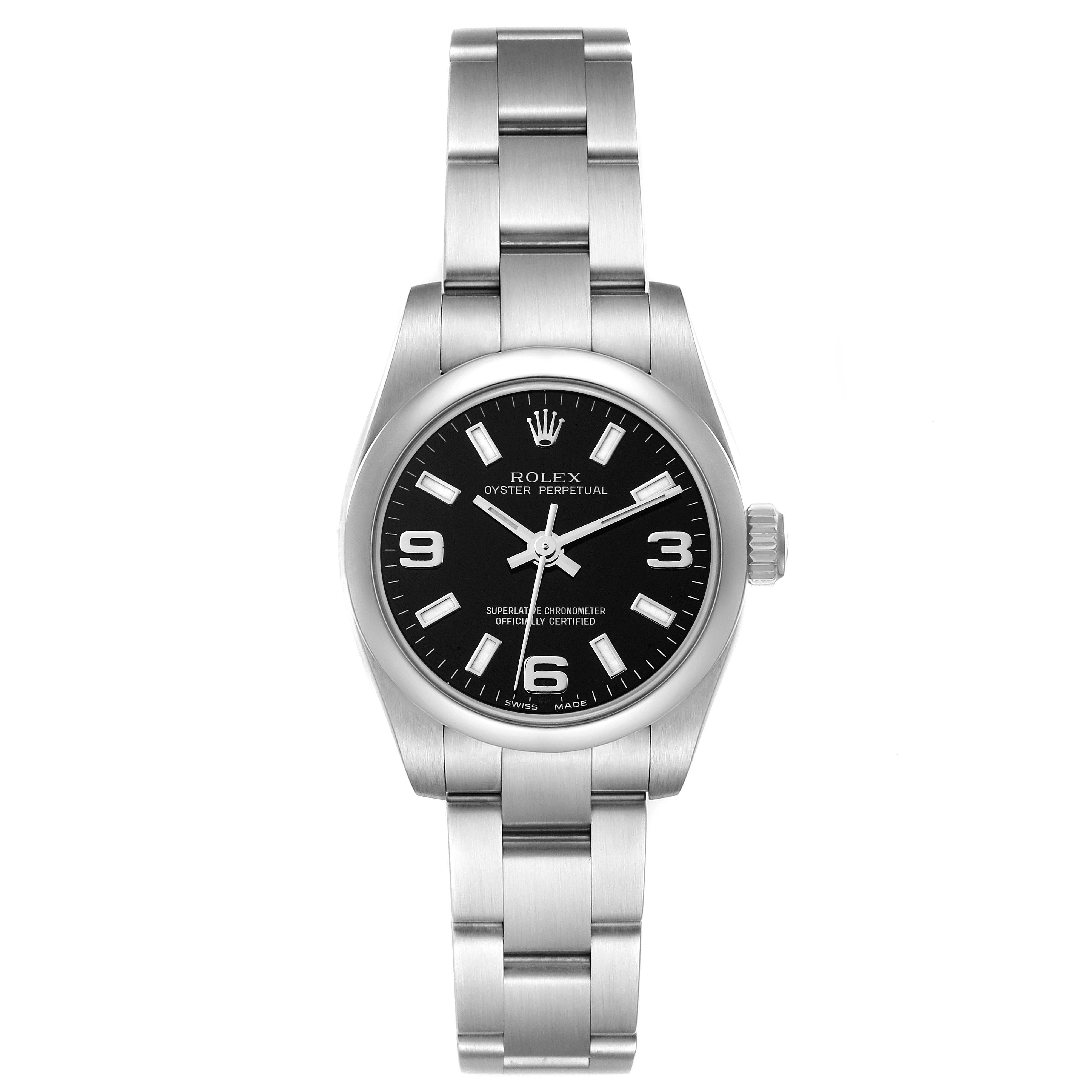 This image shows a front view of the Rolex Oyster Perpetual 176200 Women's Stainless Steel Black Dial 176200 Women's Stainless Steel Black Dial watch, featuring the dial, case, and bracelet.