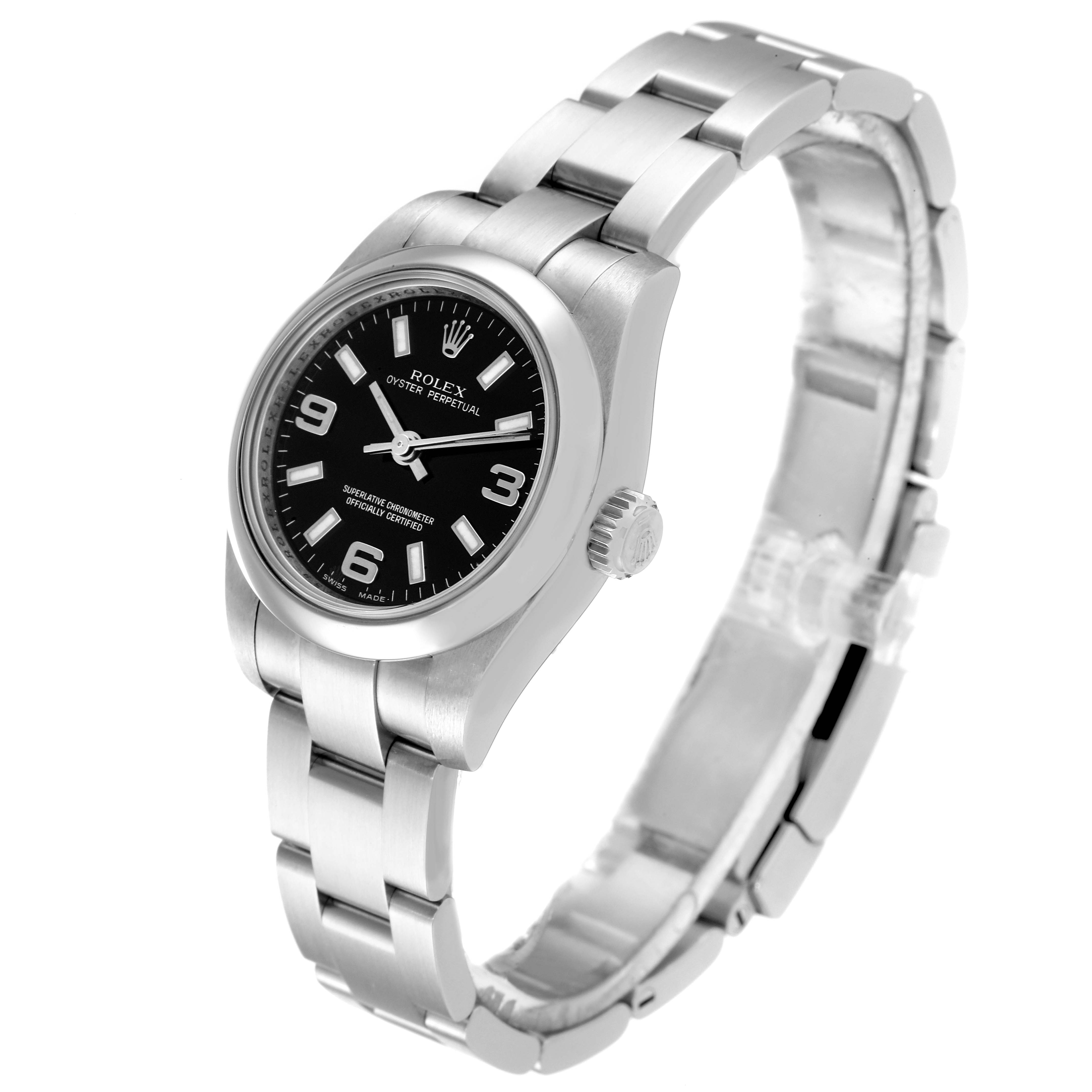 The Oyster Perpetual Rolex watch is shown at a three-quarter angle, highlighting the black dial, crown, and metal bracelet.
