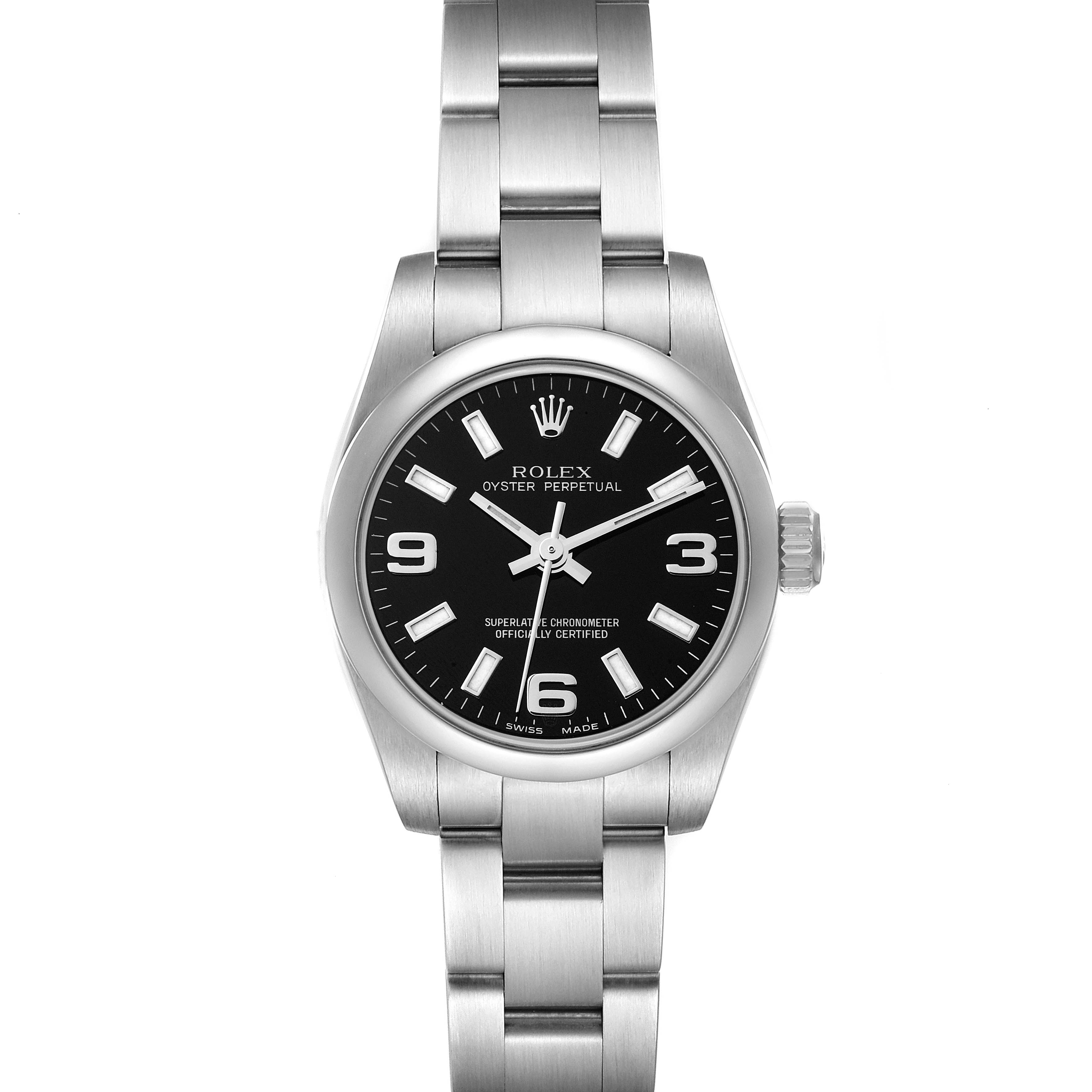 This image shows a front view of a Rolex Oyster Perpetual 176200 Women's Stainless Steel Black Dial 176200 Women's Stainless Steel Black Dial watch, displaying its face, bezel, and bracelet.