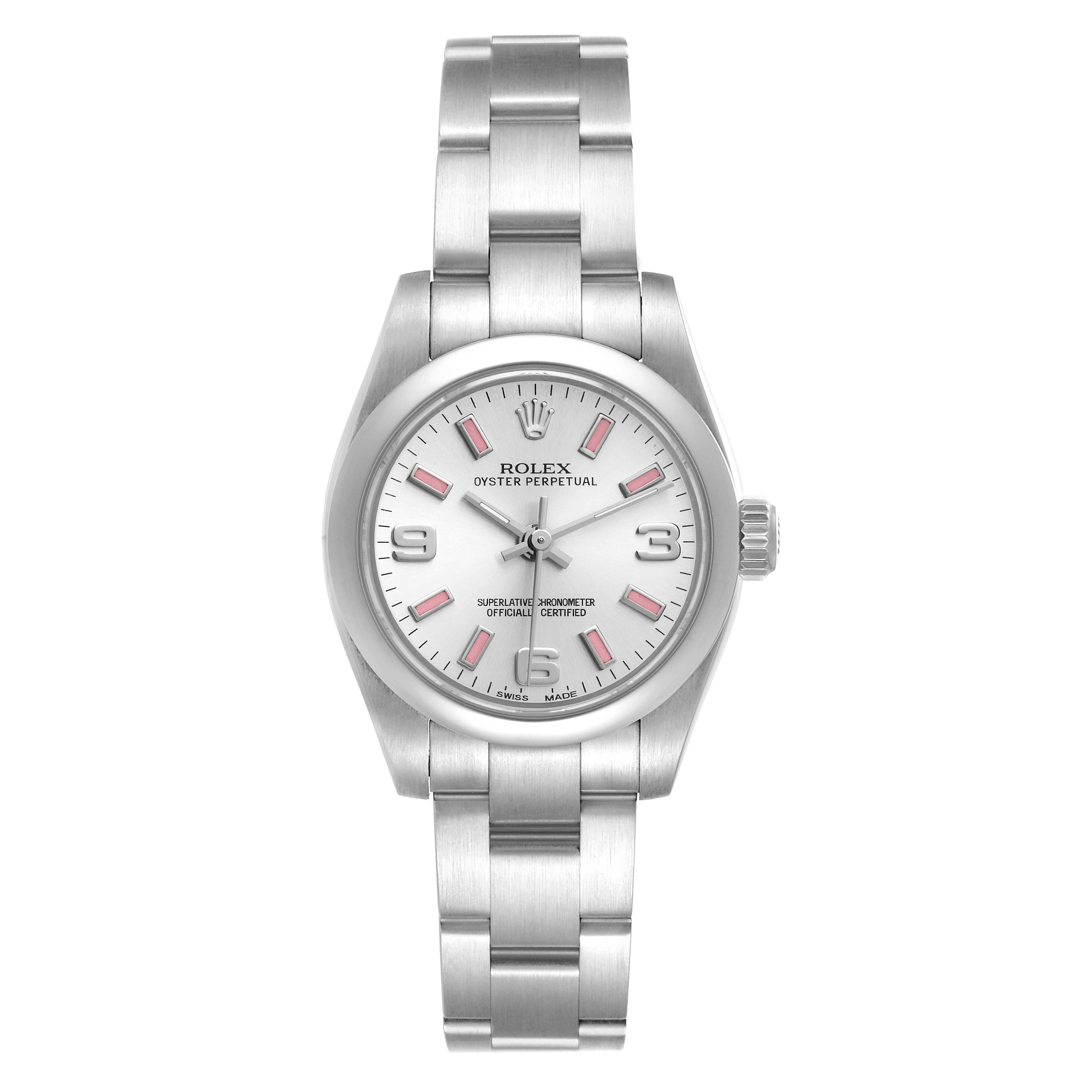The image shows a front view of a Rolex Oyster Perpetual 176200 Women's Stainless Steel Silver Dial 176200 Women's Stainless Steel Silver Dial watch, highlighting its dial, bracelet, and crown.