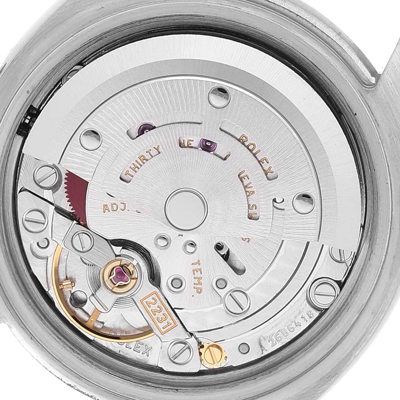 Close-up view of the movement mechanism of a Rolex Oyster Perpetual 176200 Women's Stainless Steel Silver Dial 176200 Women's Stainless Steel Silver Dial model watch.