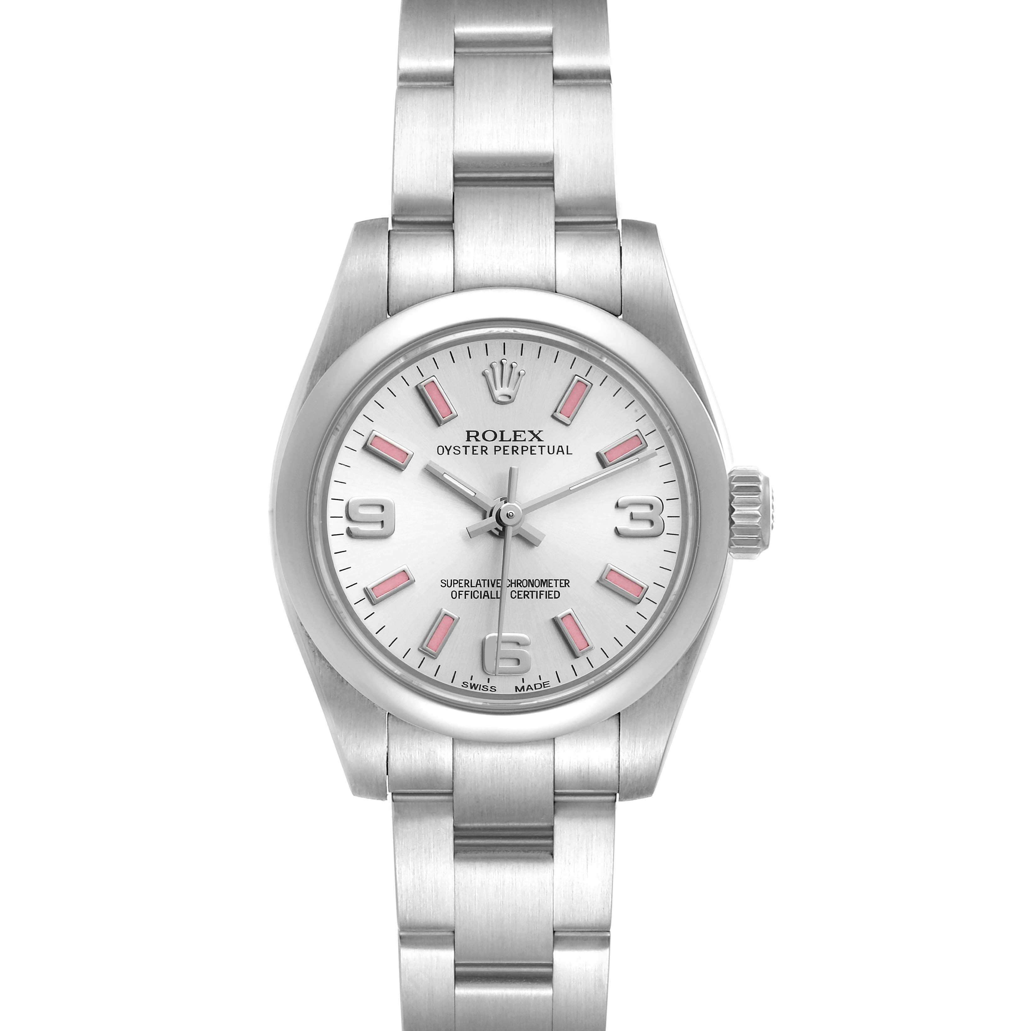 The image shows a full frontal view of a Rolex Oyster Perpetual 176200 Women's Stainless Steel Silver Dial 176200 Women's Stainless Steel Silver Dial watch, including the dial, bezel, case, and bracelet.