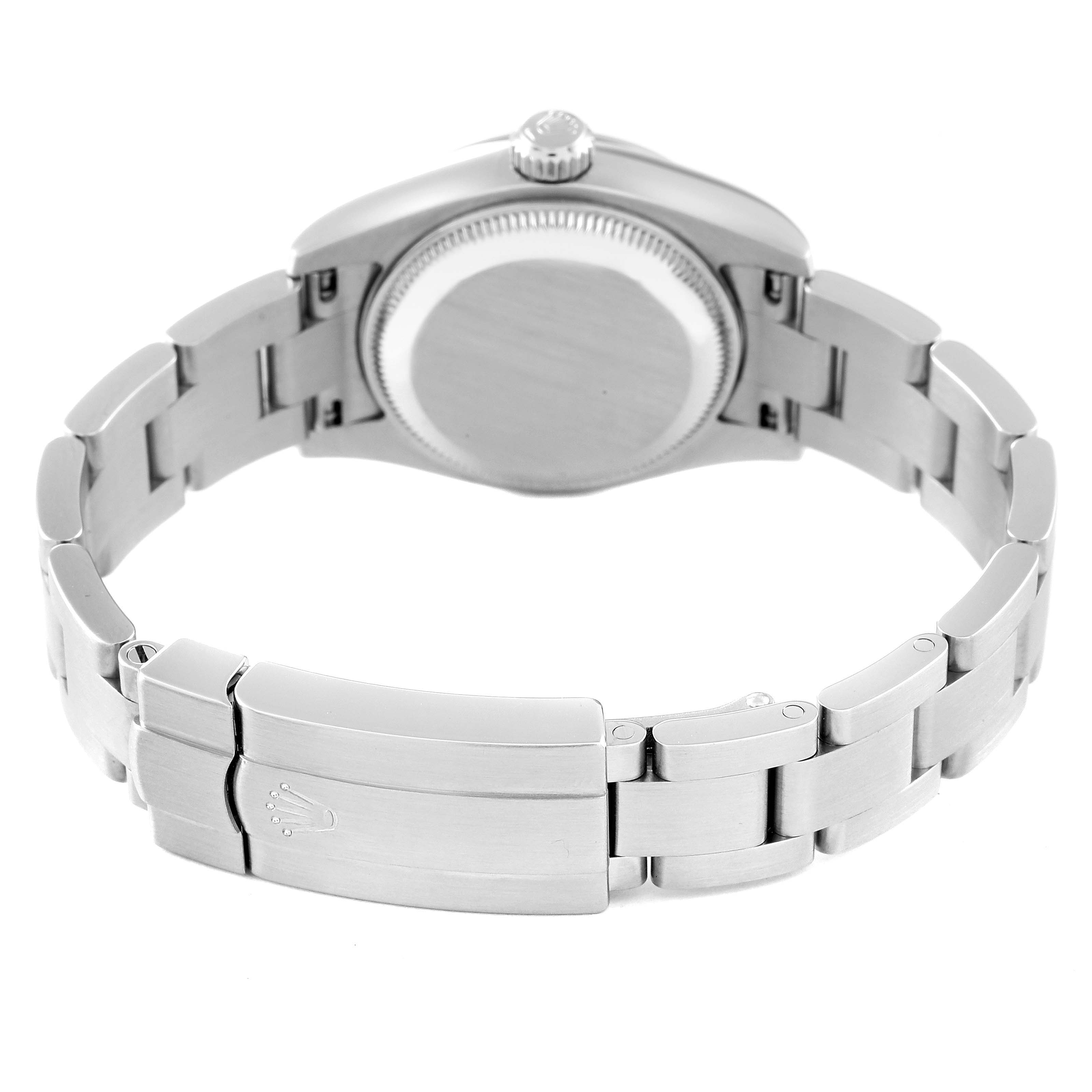 This is a rear view of a Rolex Oyster Perpetual 176200 Women's Stainless Steel Silver Dial 176200 Women's Stainless Steel Silver Dial watch, showing the clasp and bracelet.